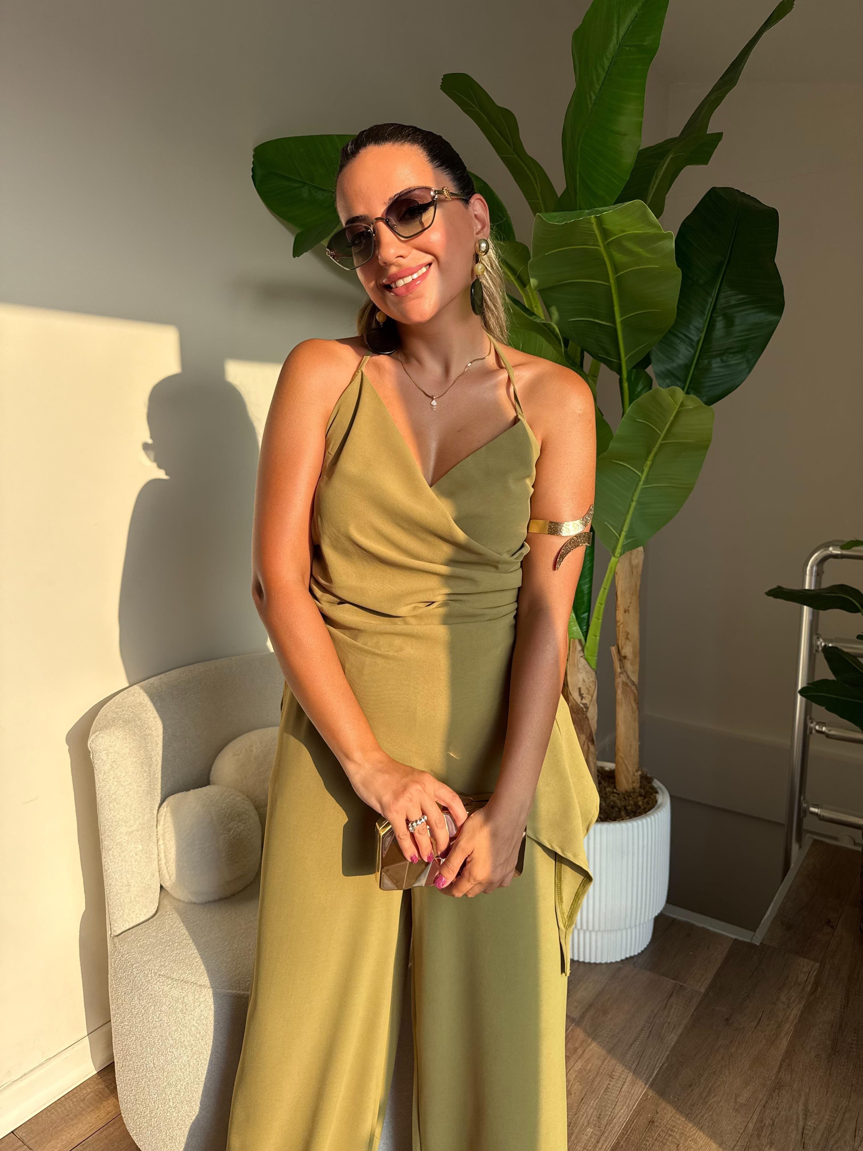 10495 Boyundan Bağlama Detaylı Bluz Pantolon Takım