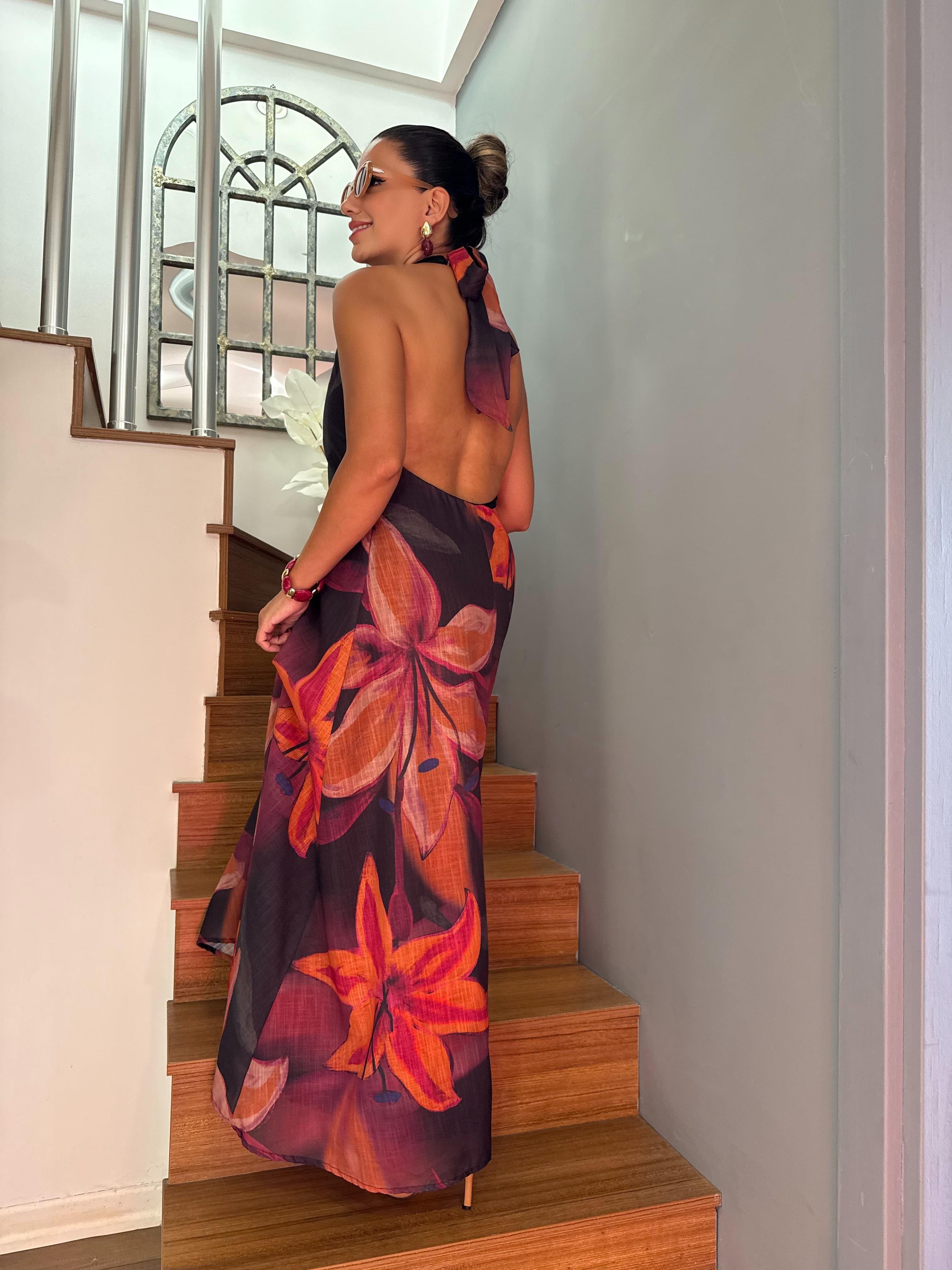 10500 Çiçek Desenli Halter Yaka Elbise
