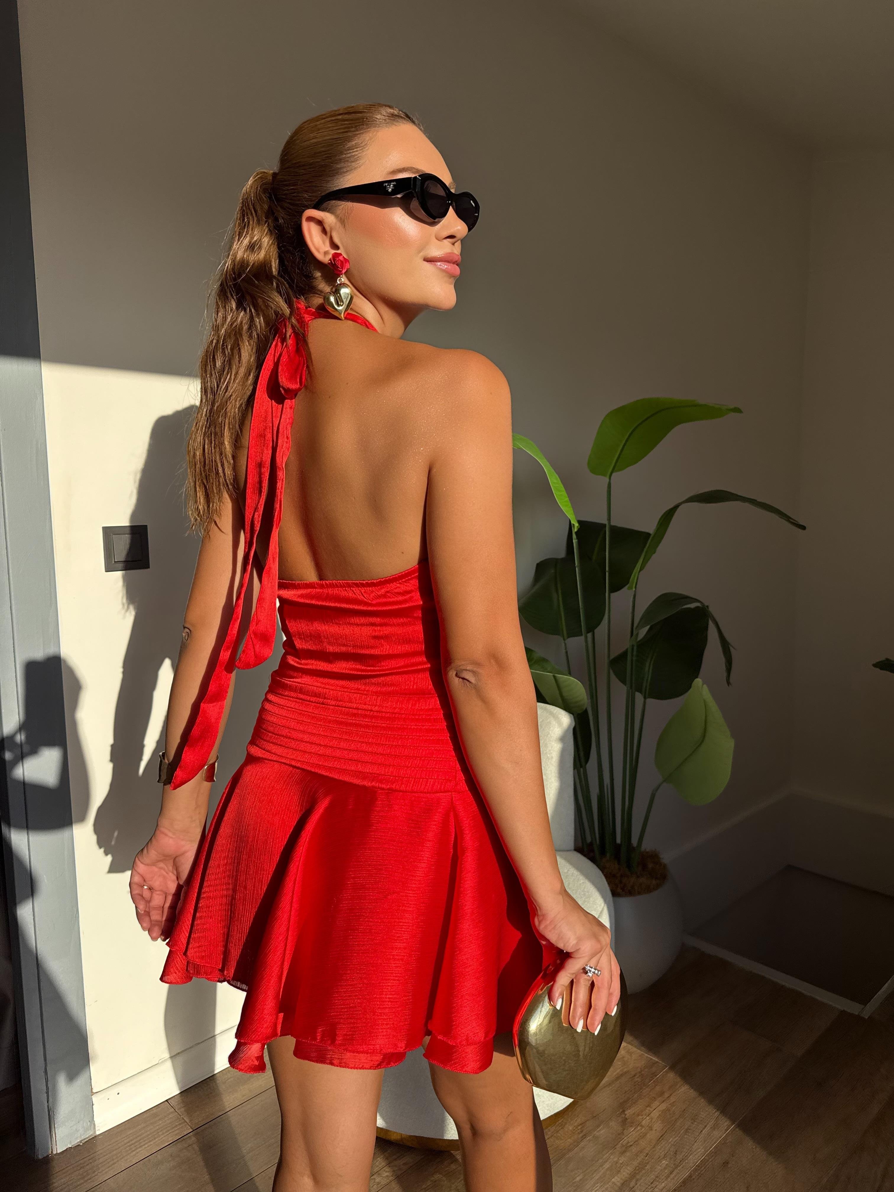 10512 Saten Volanlı Elbise