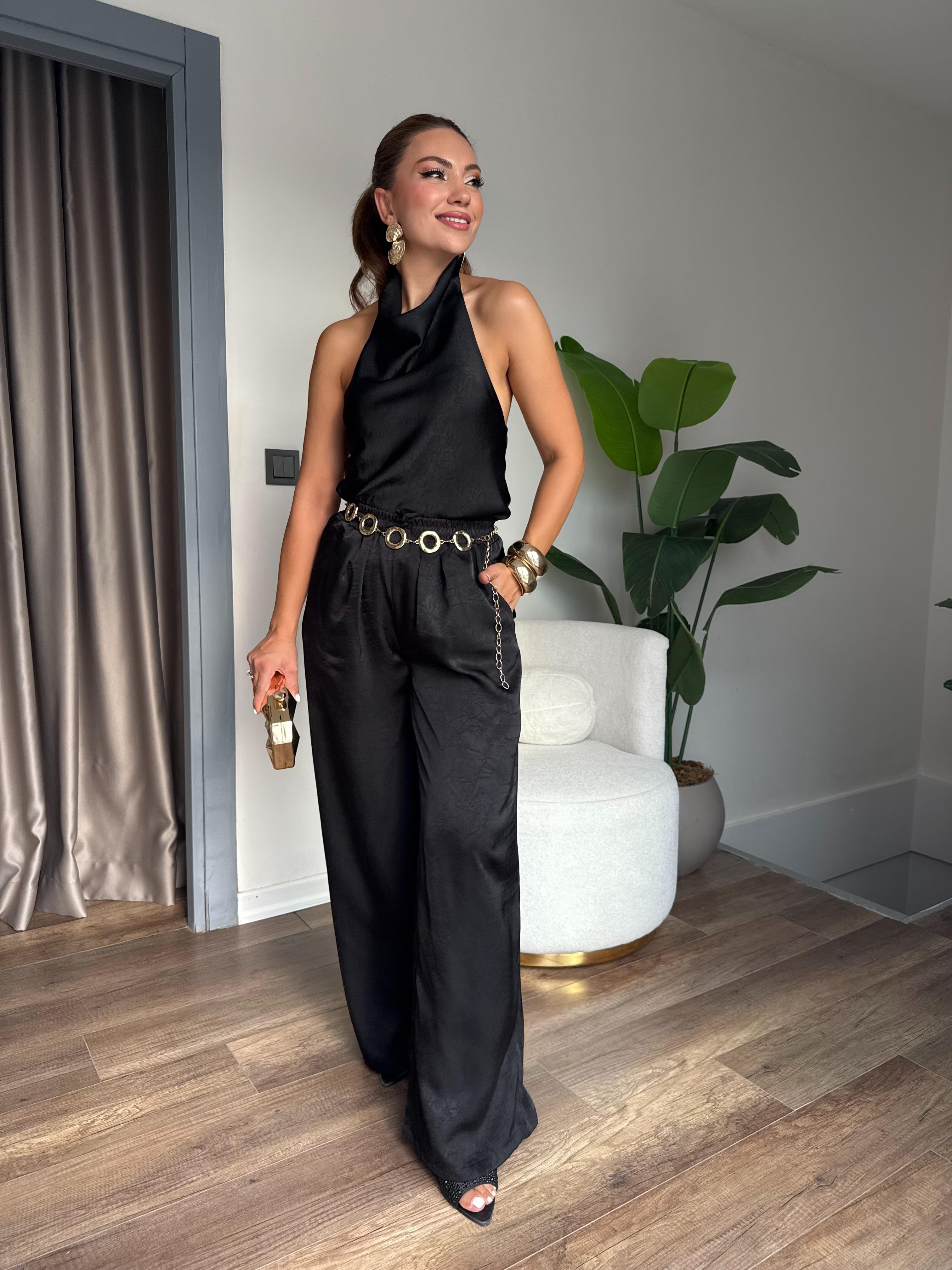 10517 Boyundan Detaylı Saten Pantolon Bluz Takım