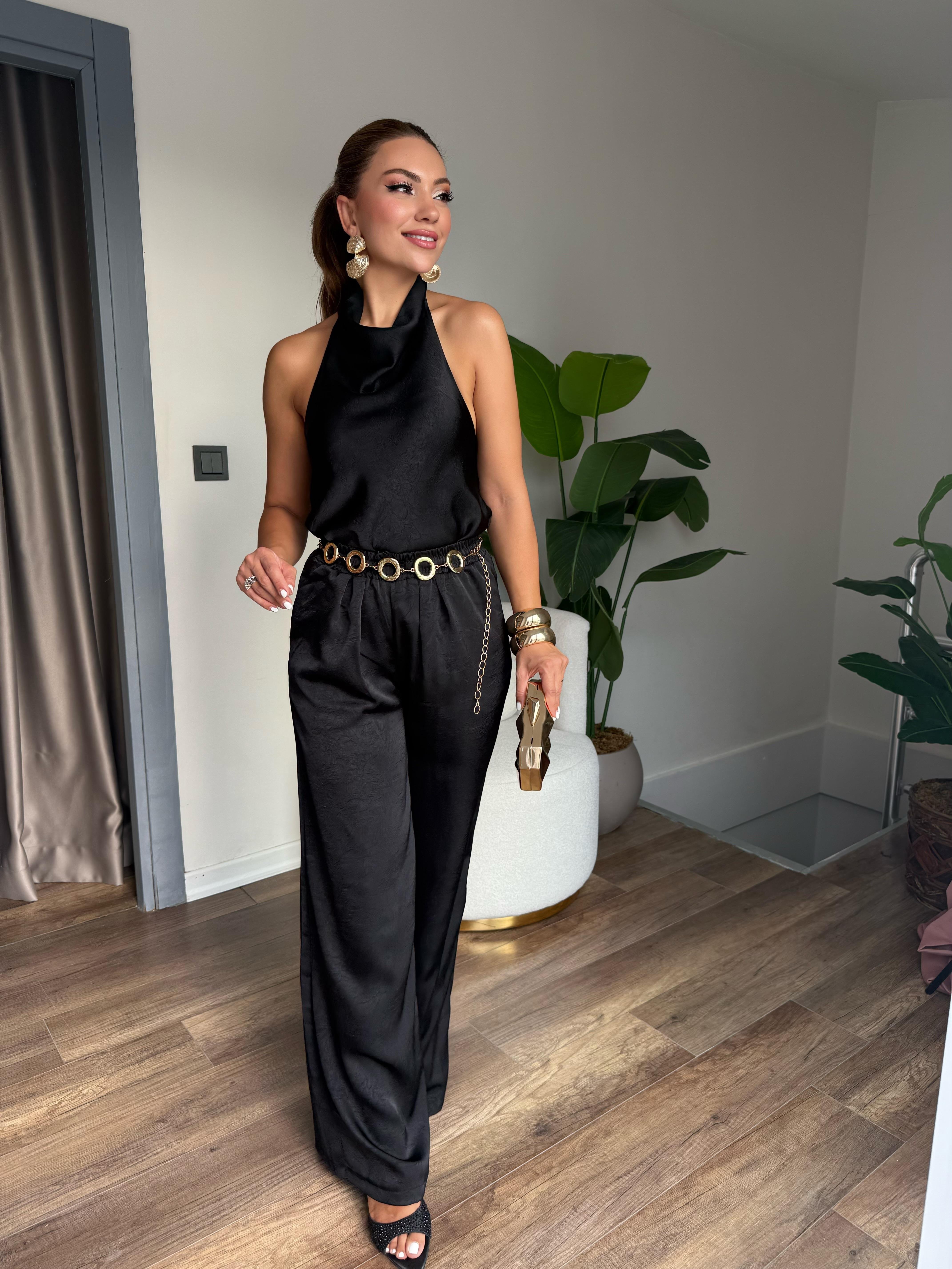 10517 Boyundan Detaylı Saten Pantolon Bluz Takım