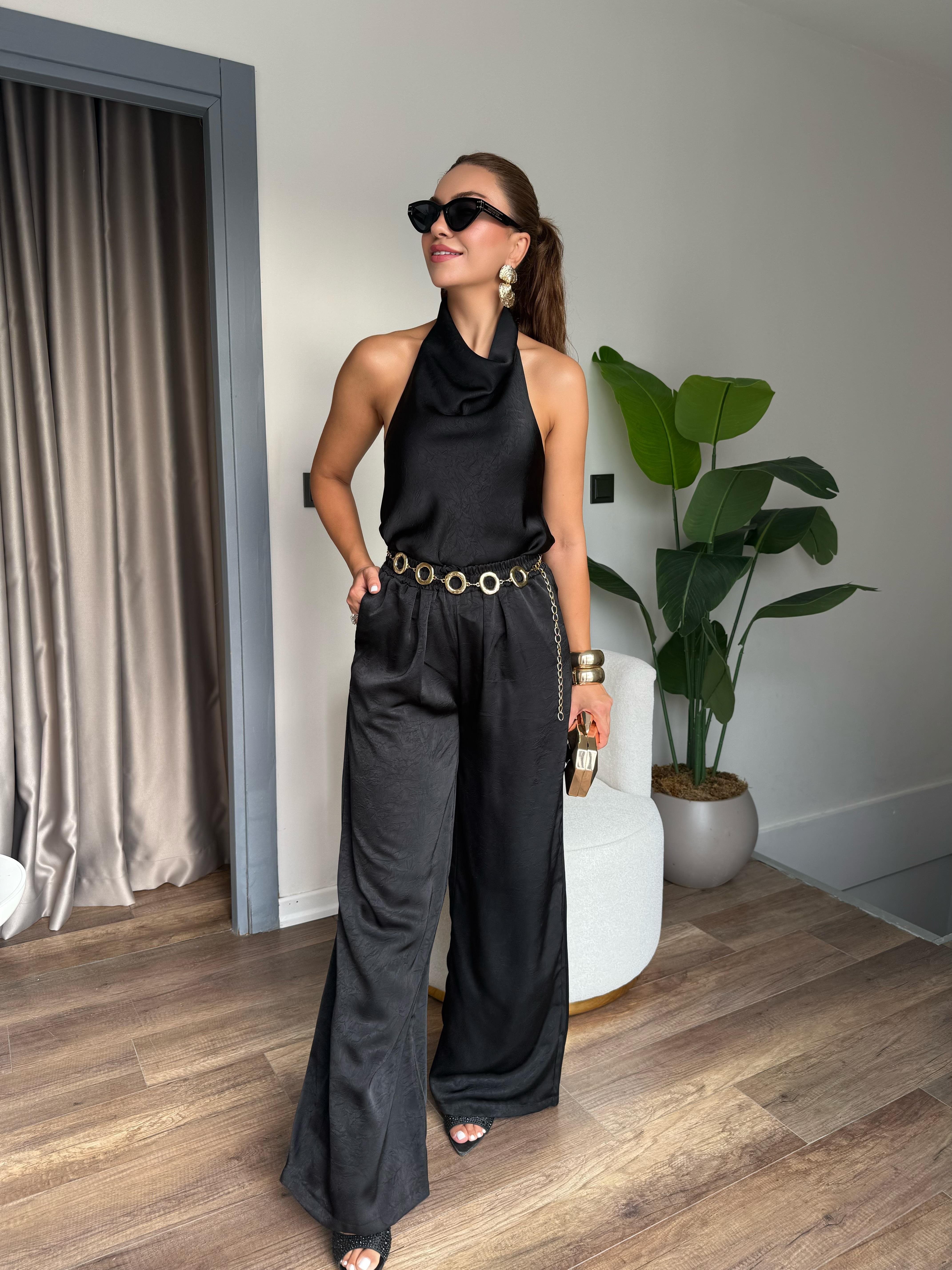 10517 Boyundan Detaylı Saten Pantolon Bluz Takım