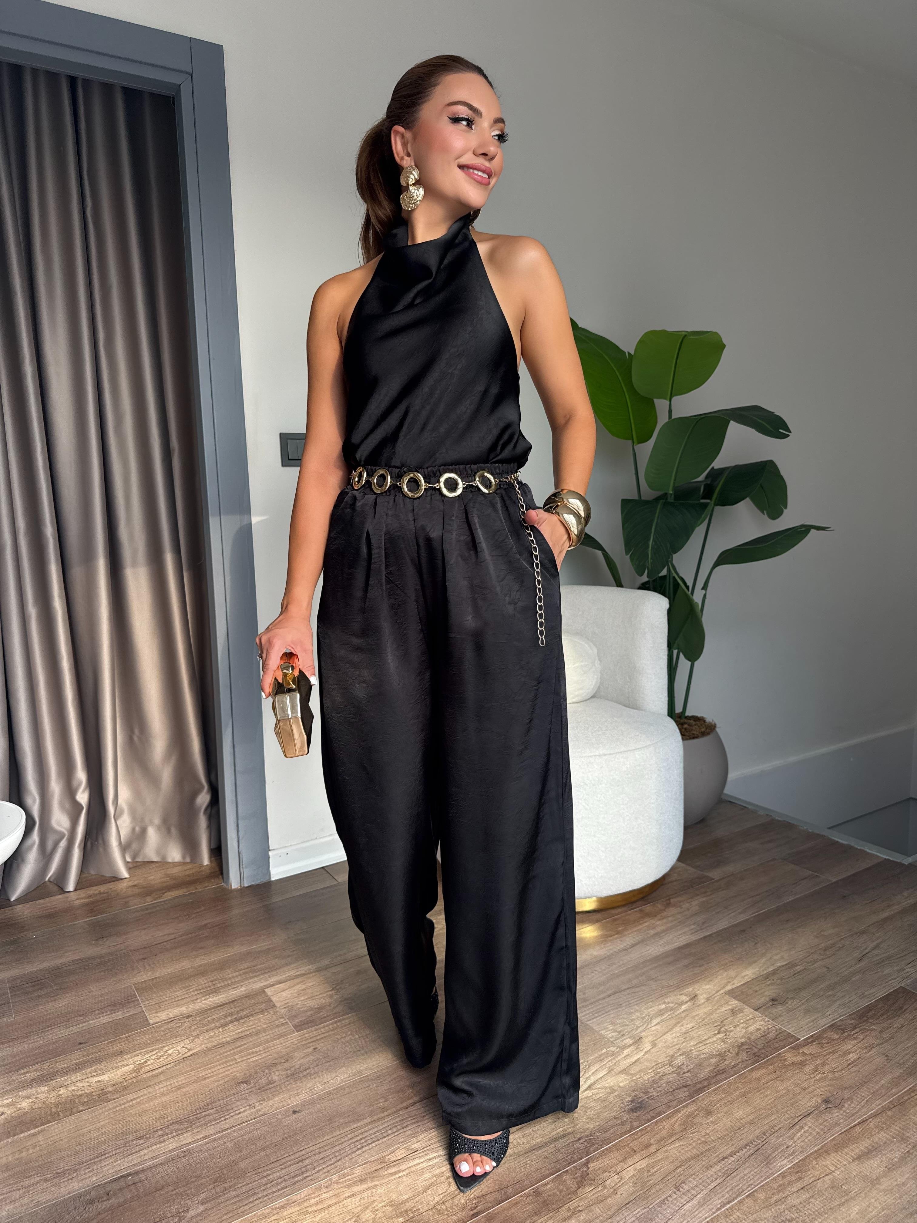 10517 Boyundan Detaylı Saten Pantolon Bluz Takım