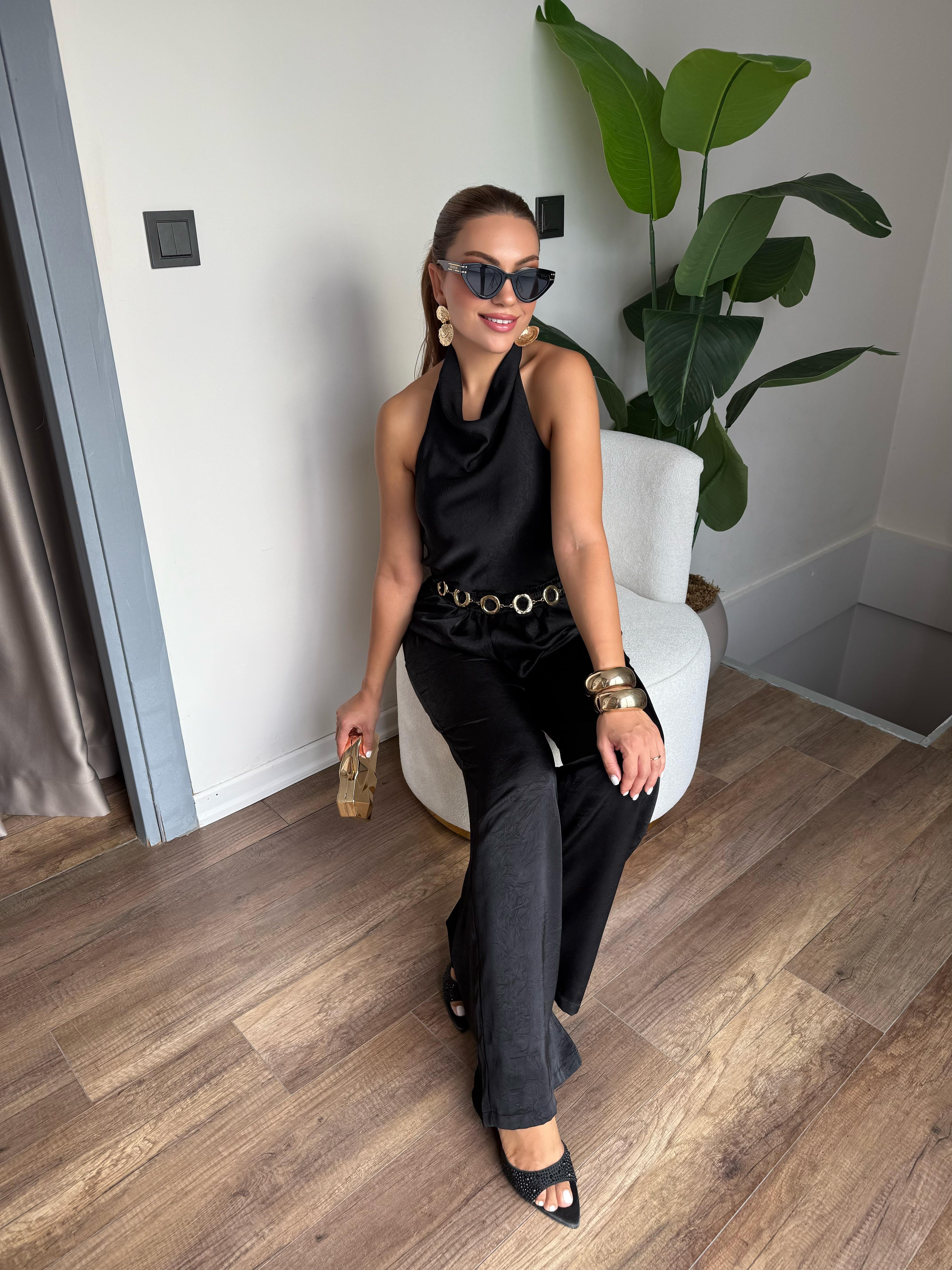 10517 Boyundan Detaylı Saten Pantolon Bluz Takım