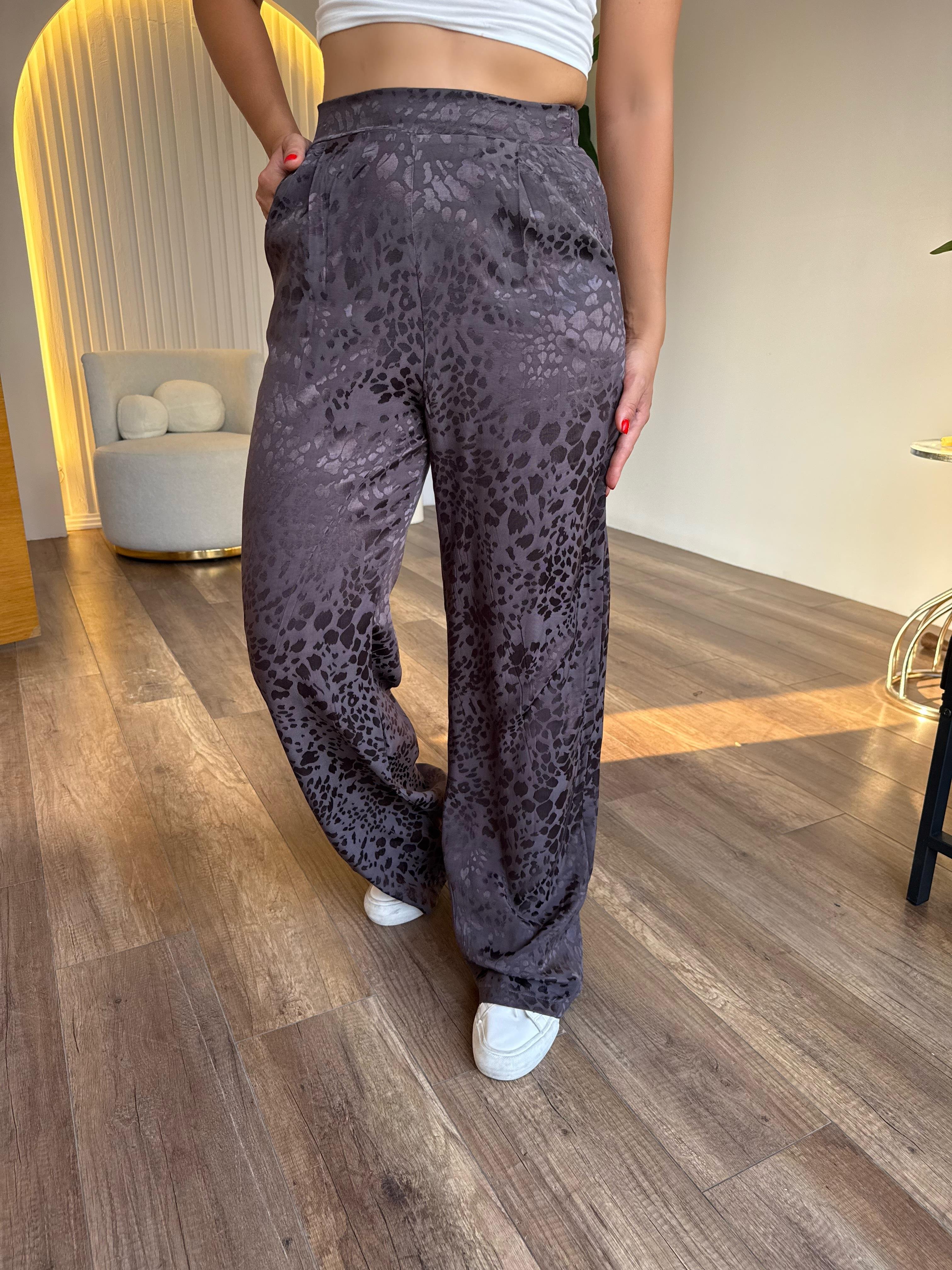 10523 Leopar Desenli Saten Pantolon