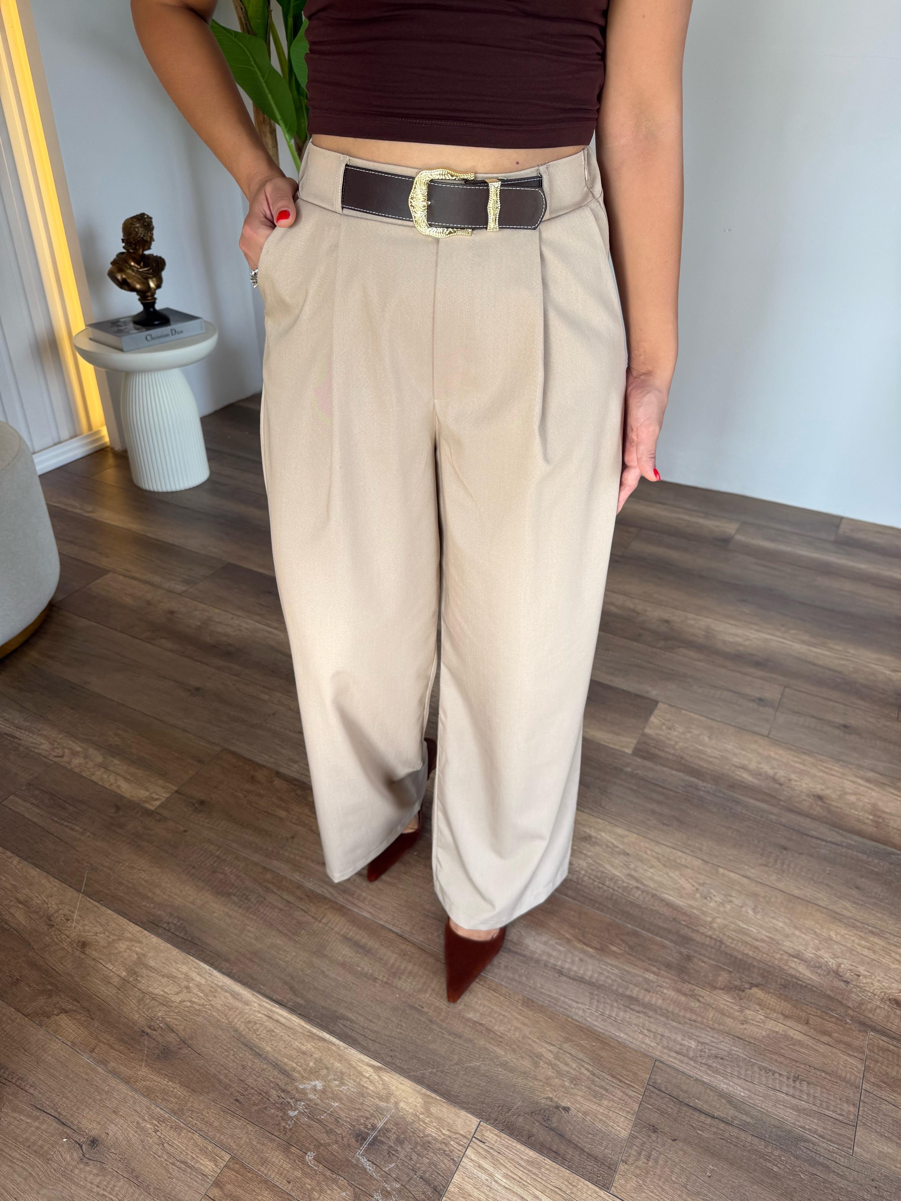 10524 Kendinden Kemerli Bej Pantolon