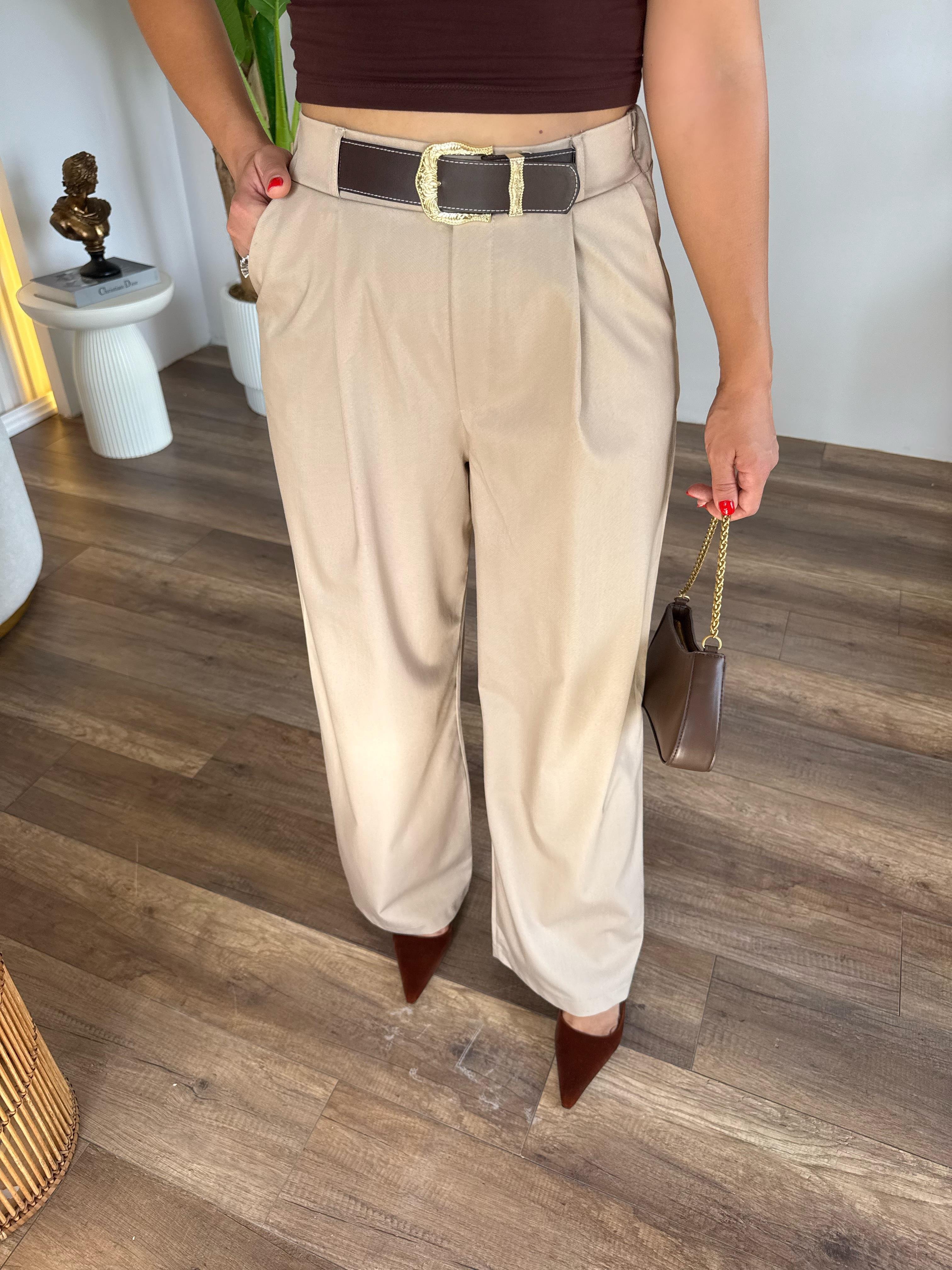 10524 Kendinden Kemerli Bej Pantolon