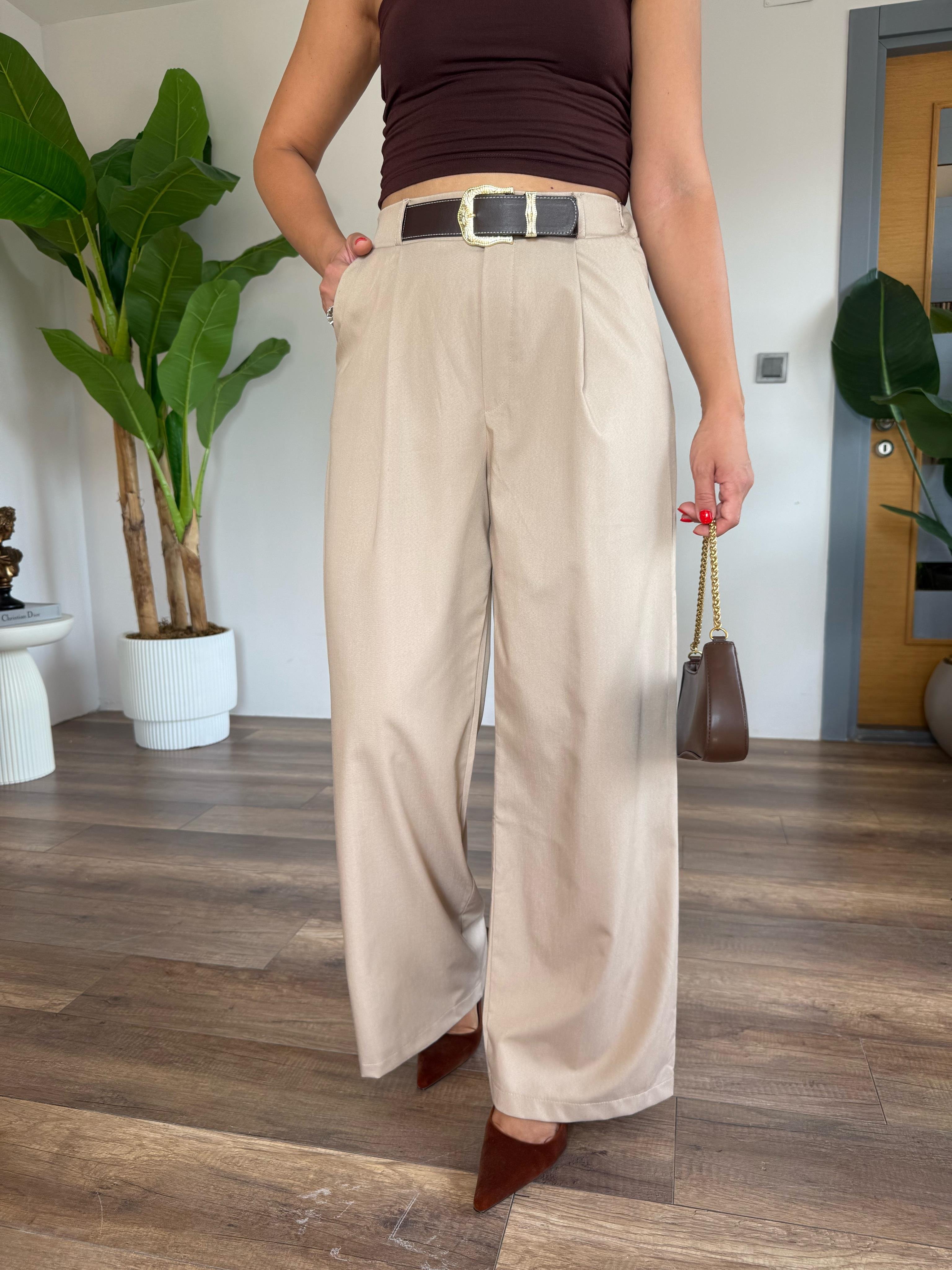 10524 Kendinden Kemerli Bej Pantolon