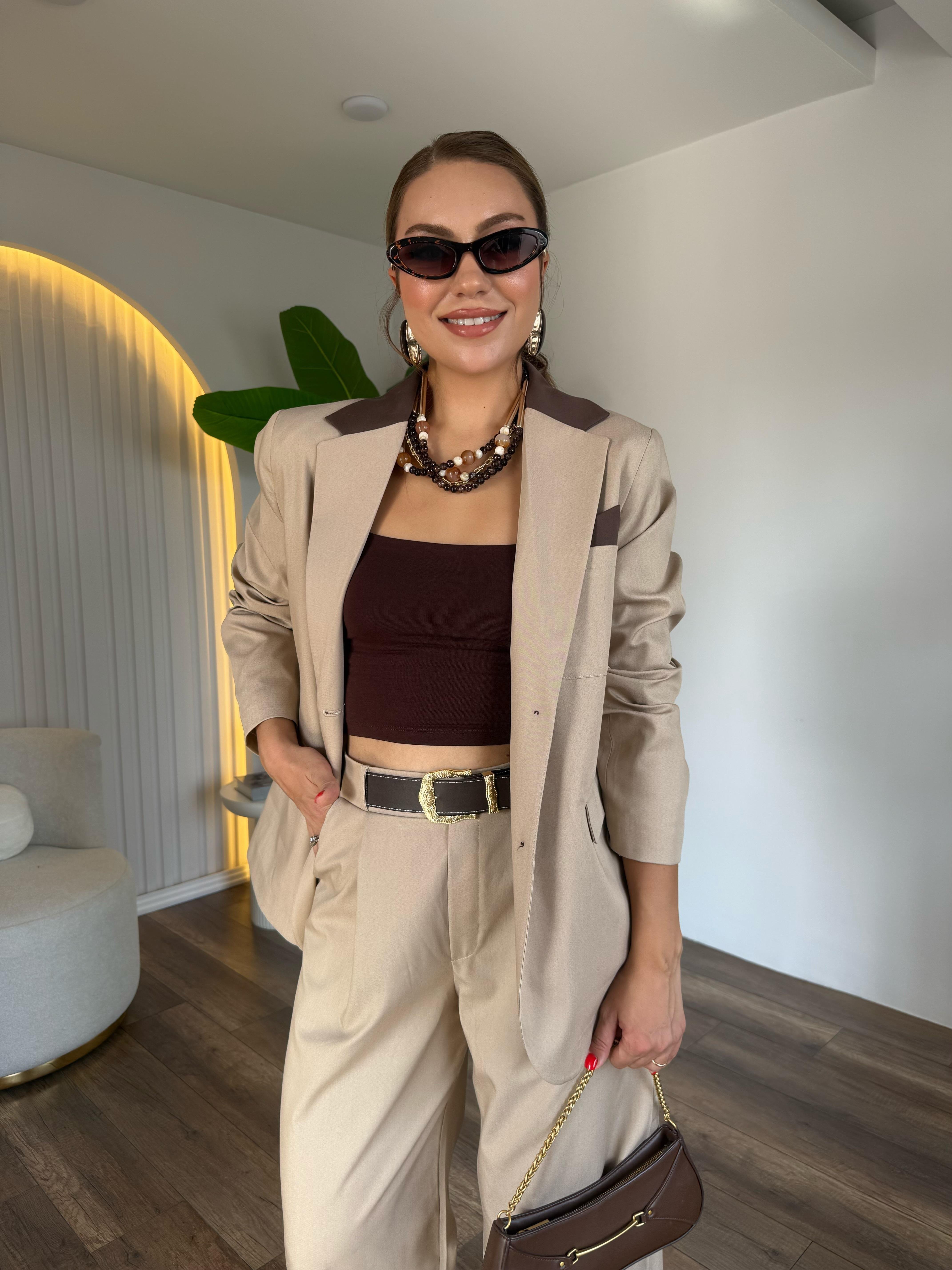 10525 Kahve Detaylı Bej Blazer Ceket