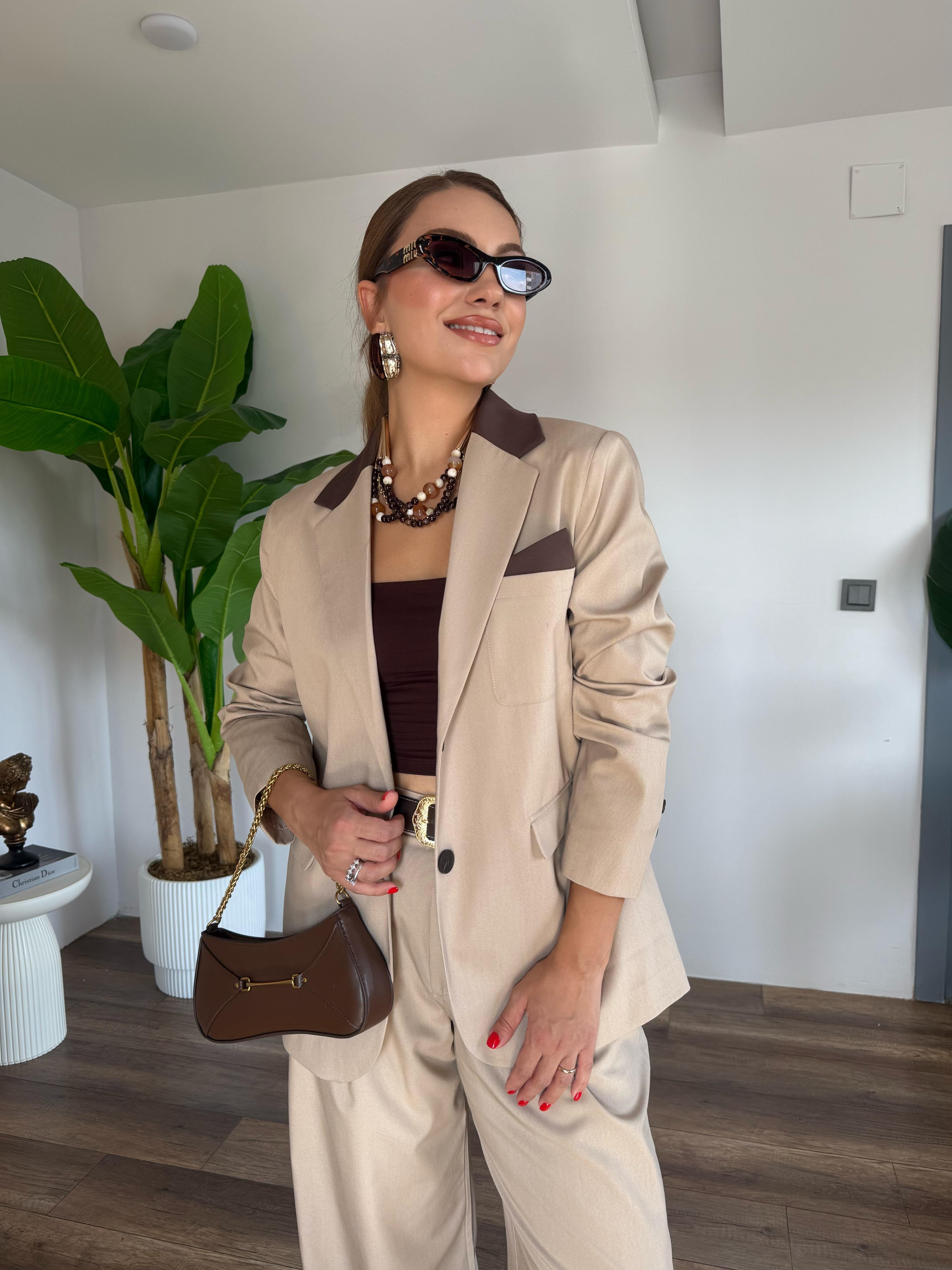 10525 Kahve Detaylı Bej Blazer Ceket
