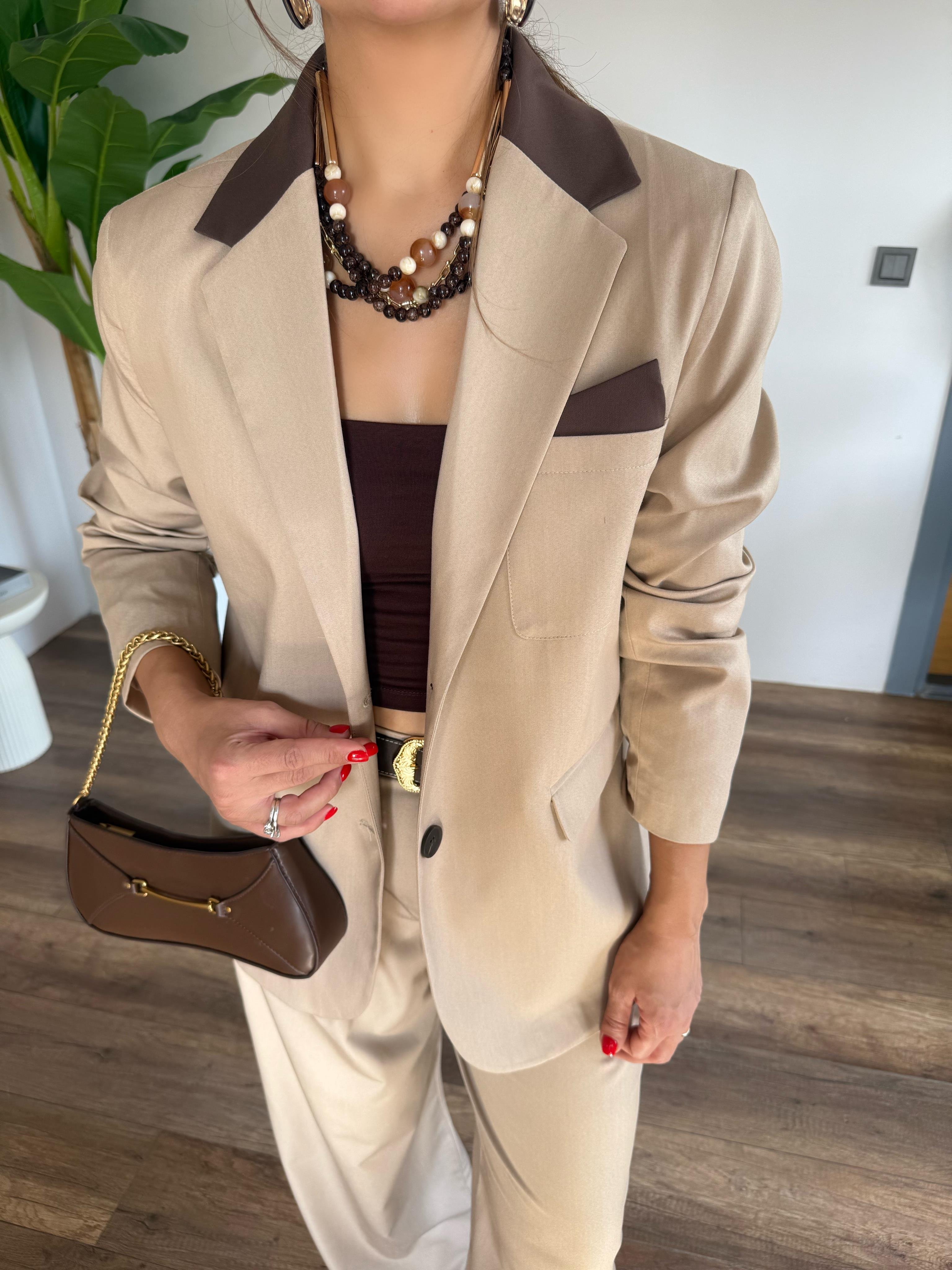 10525 Kahve Detaylı Bej Blazer Ceket