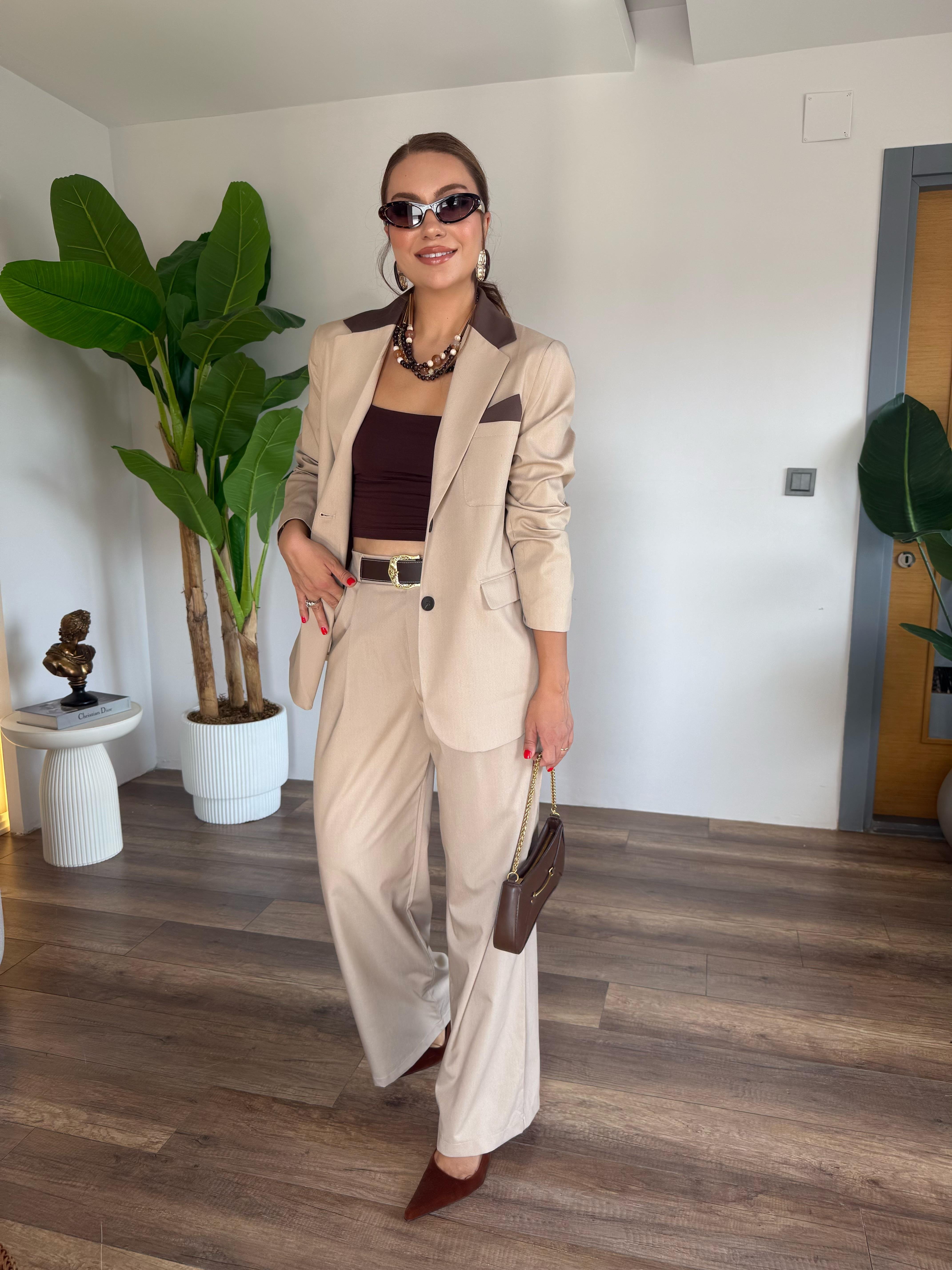 10525 Kahve Detaylı Bej Blazer Ceket
