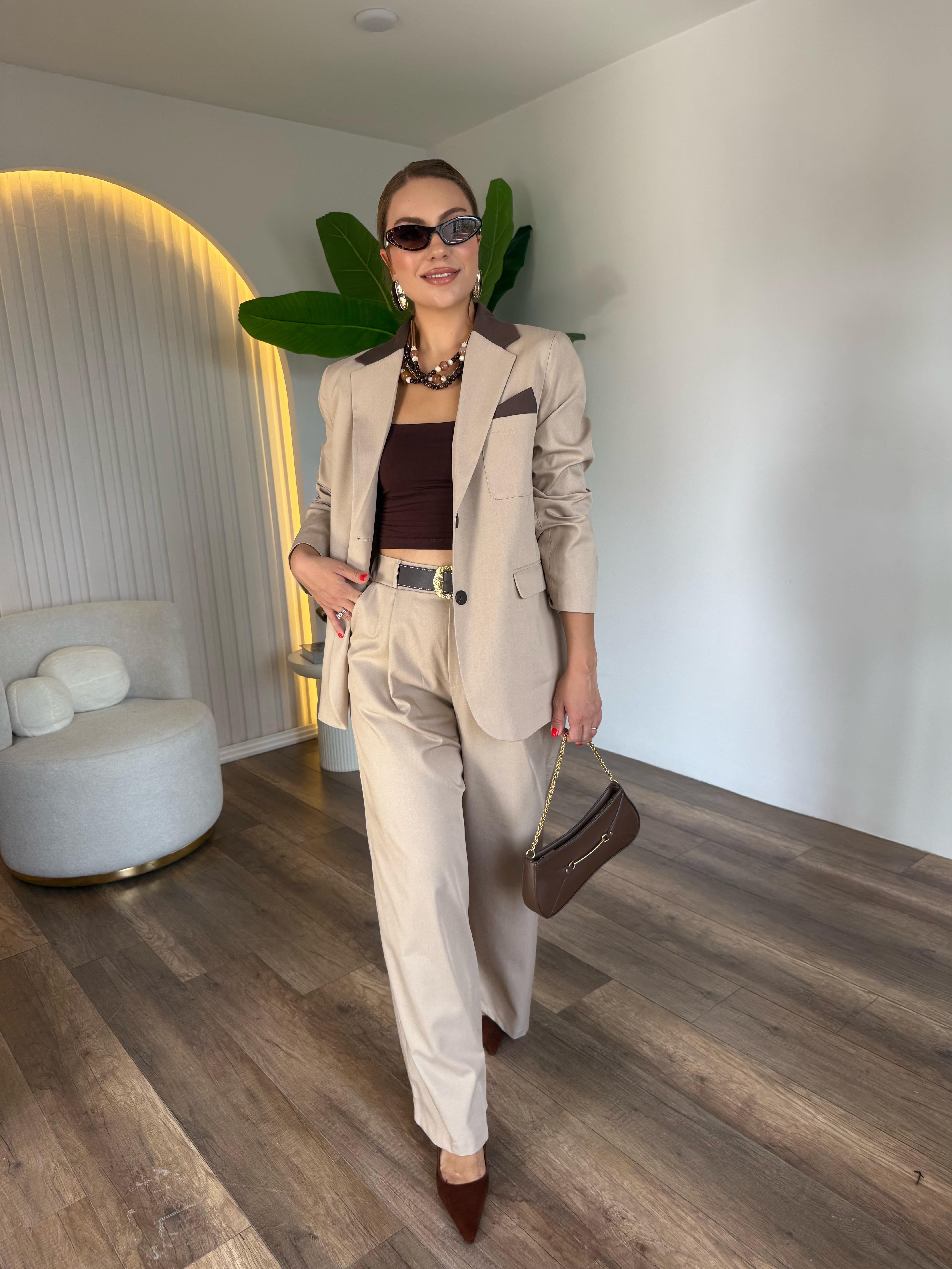 10525 Kahve Detaylı Bej Blazer Ceket