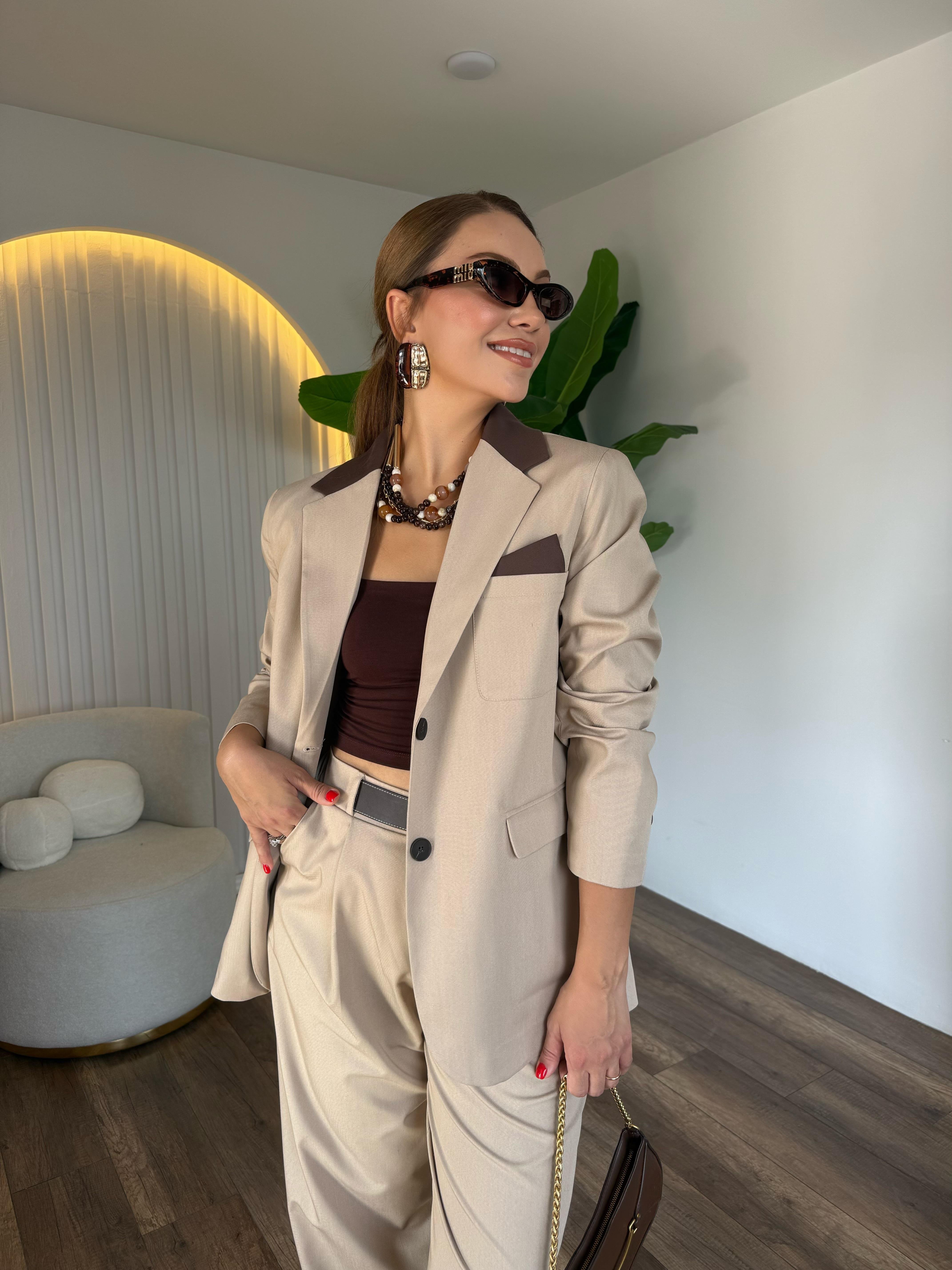 10525 Kahve Detaylı Bej Blazer Ceket