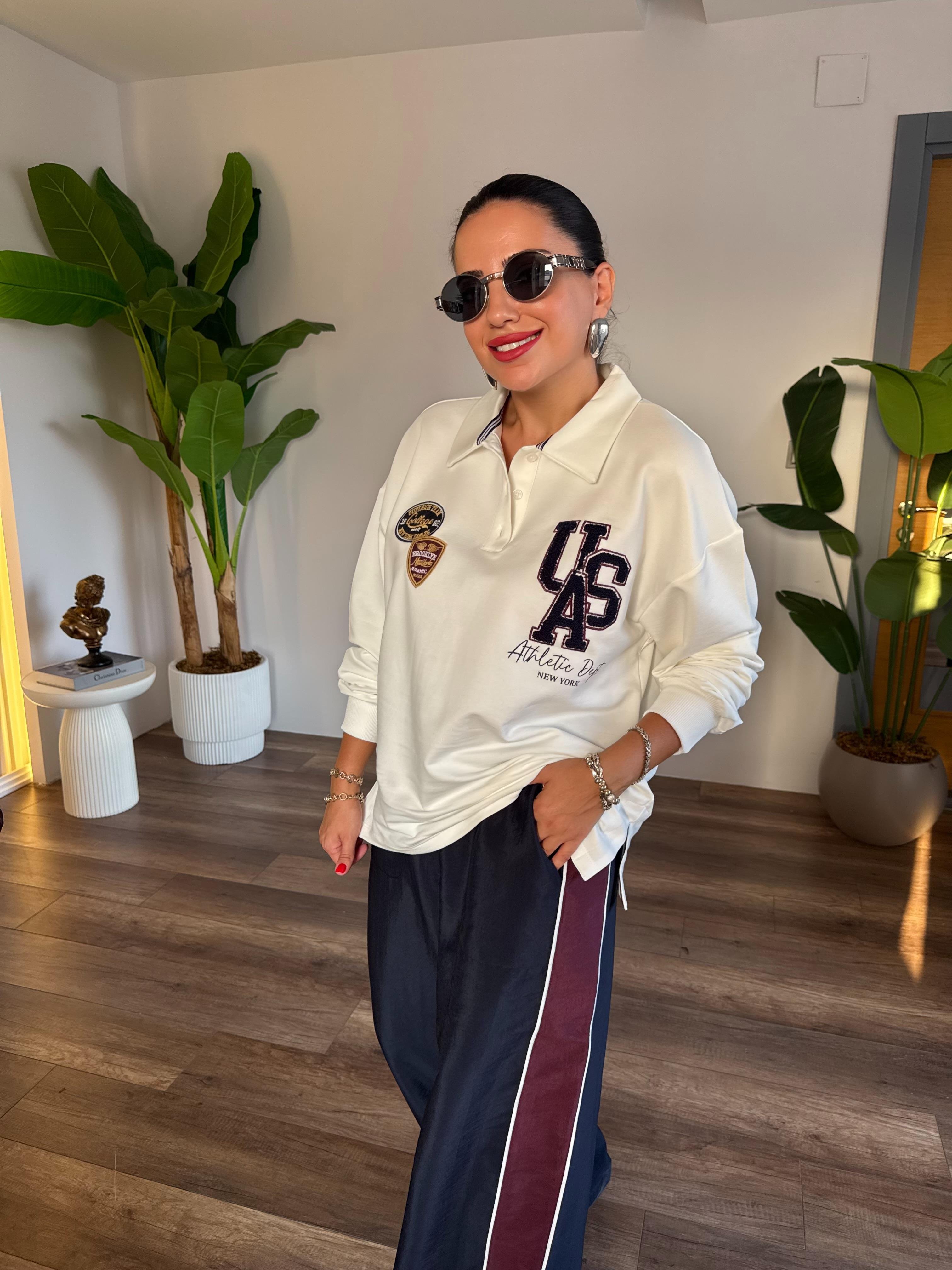 10536 Polo Yaka İşleme Detaylı Sweatshirt