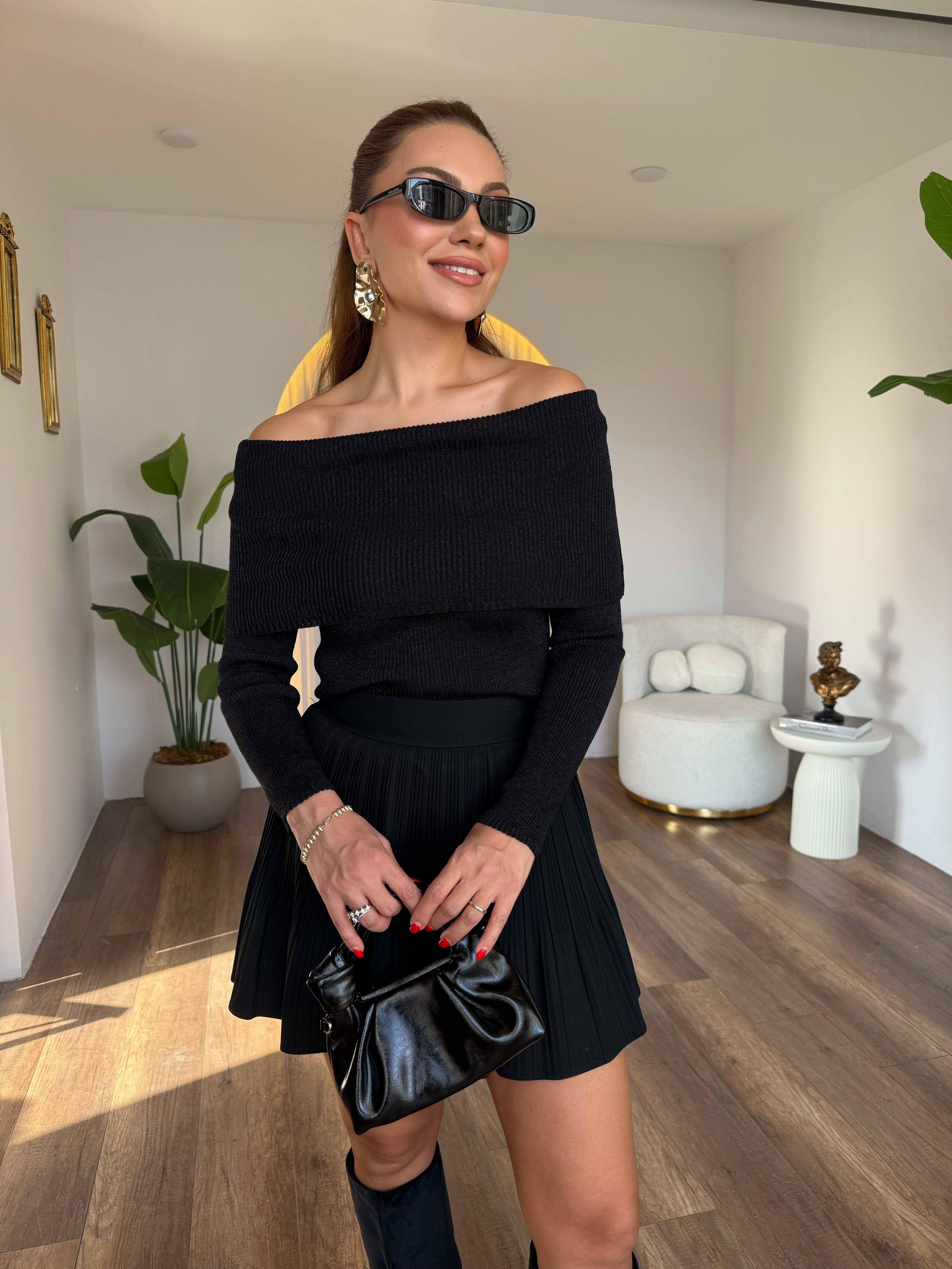 10600 Bardot Yaka Fitilli Simli Triko Kazak