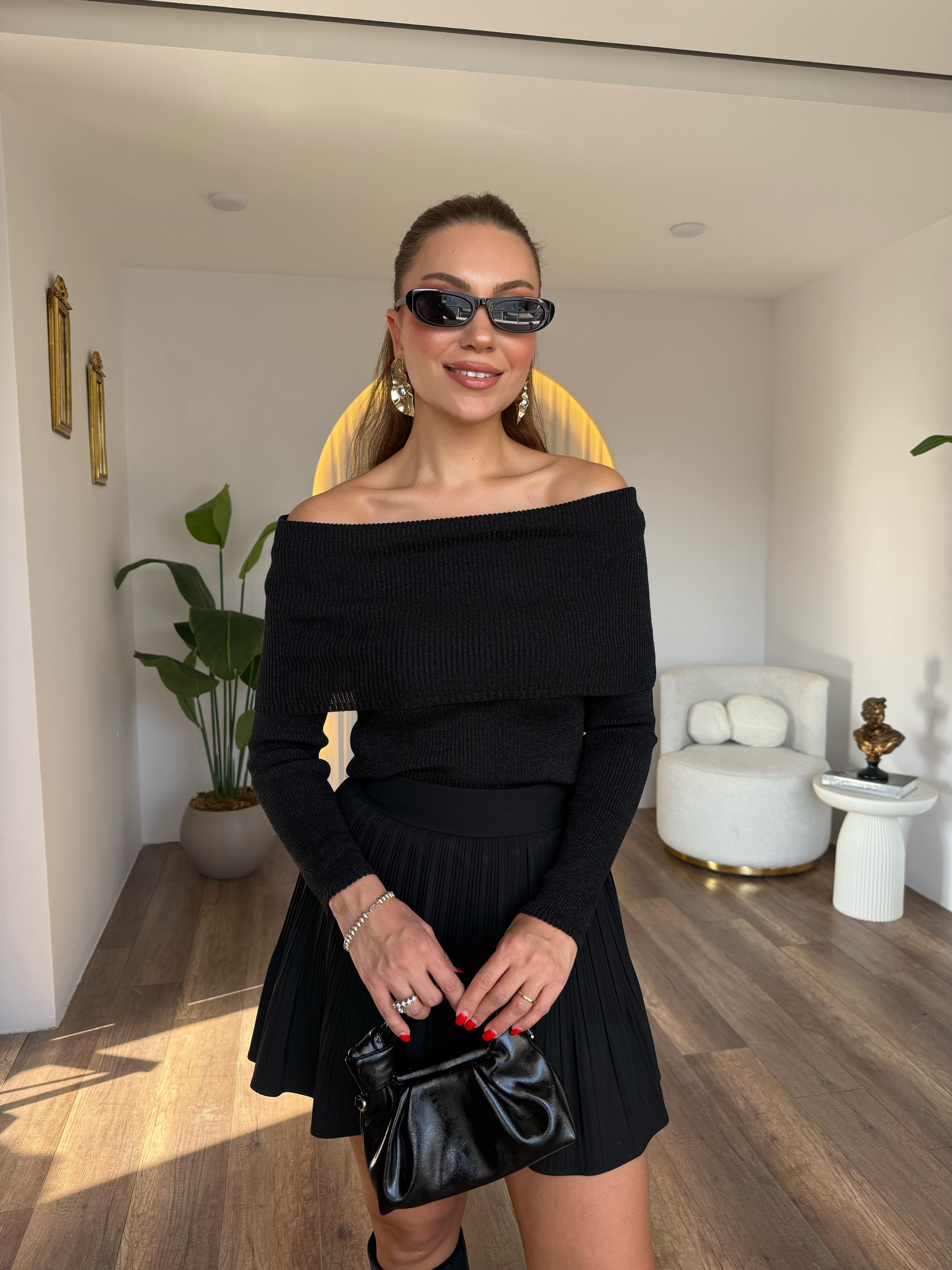 10600 Bardot Yaka Fitilli Simli Triko Kazak