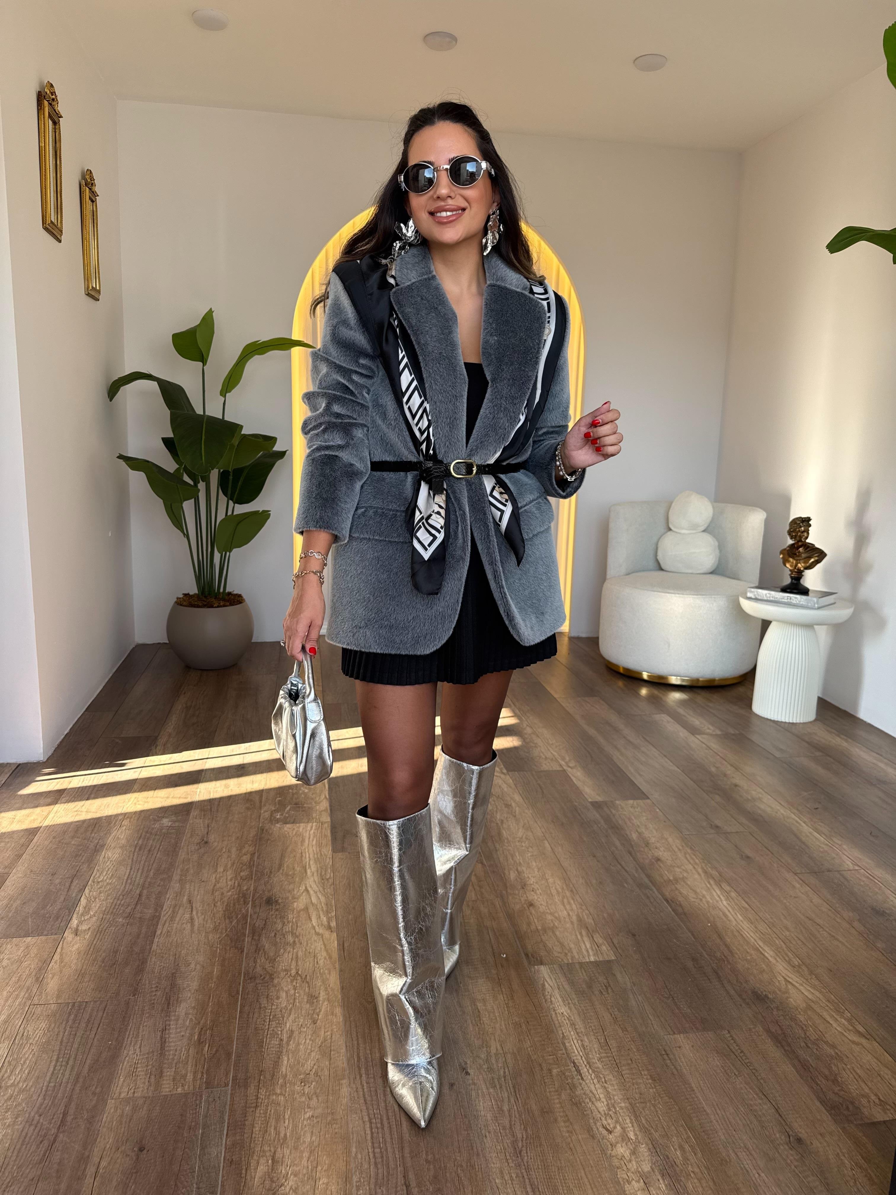 10609 Peluşlu Kemerli Blazer Ceket