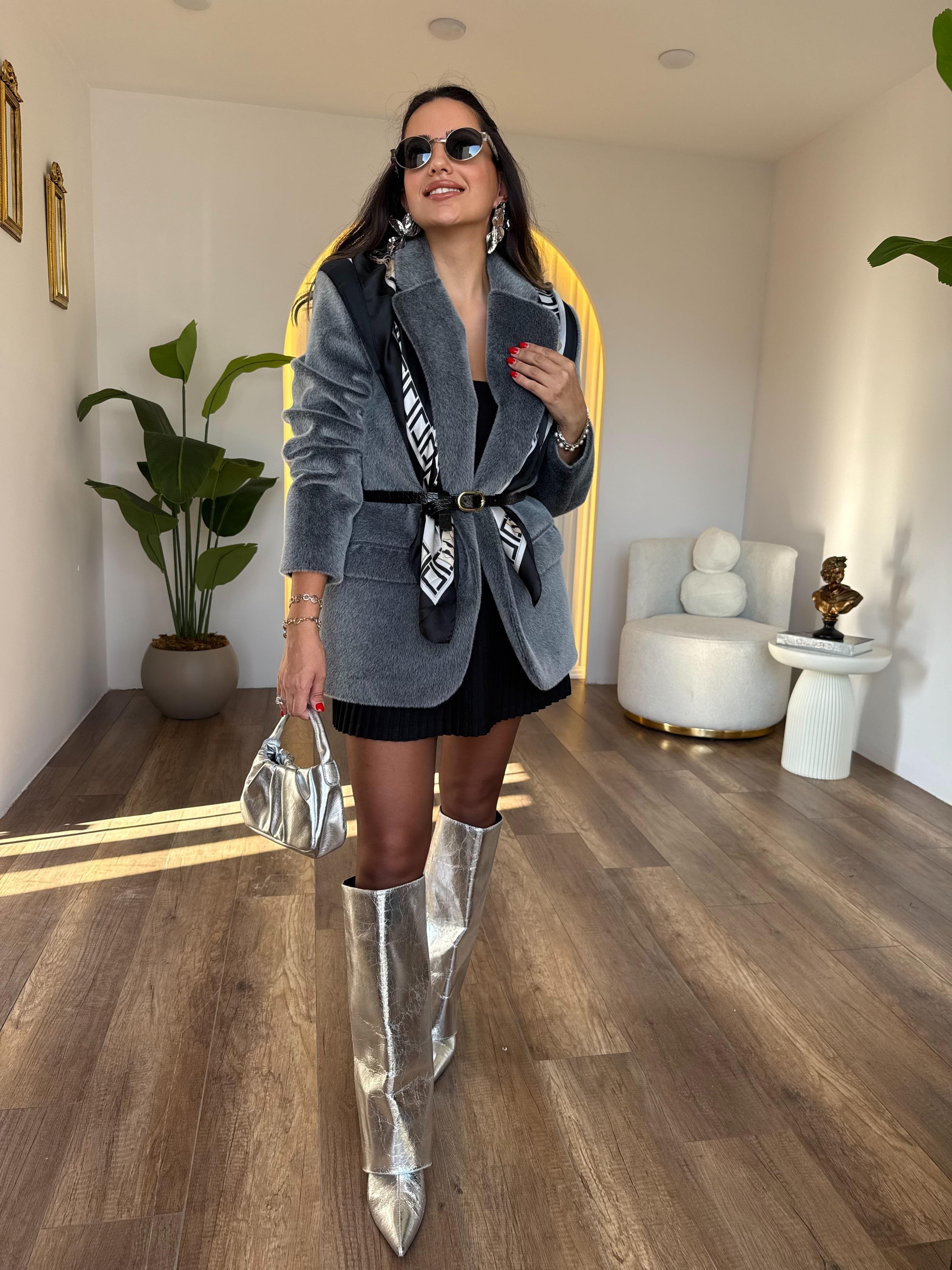 10609 Peluşlu Kemerli Blazer Ceket
