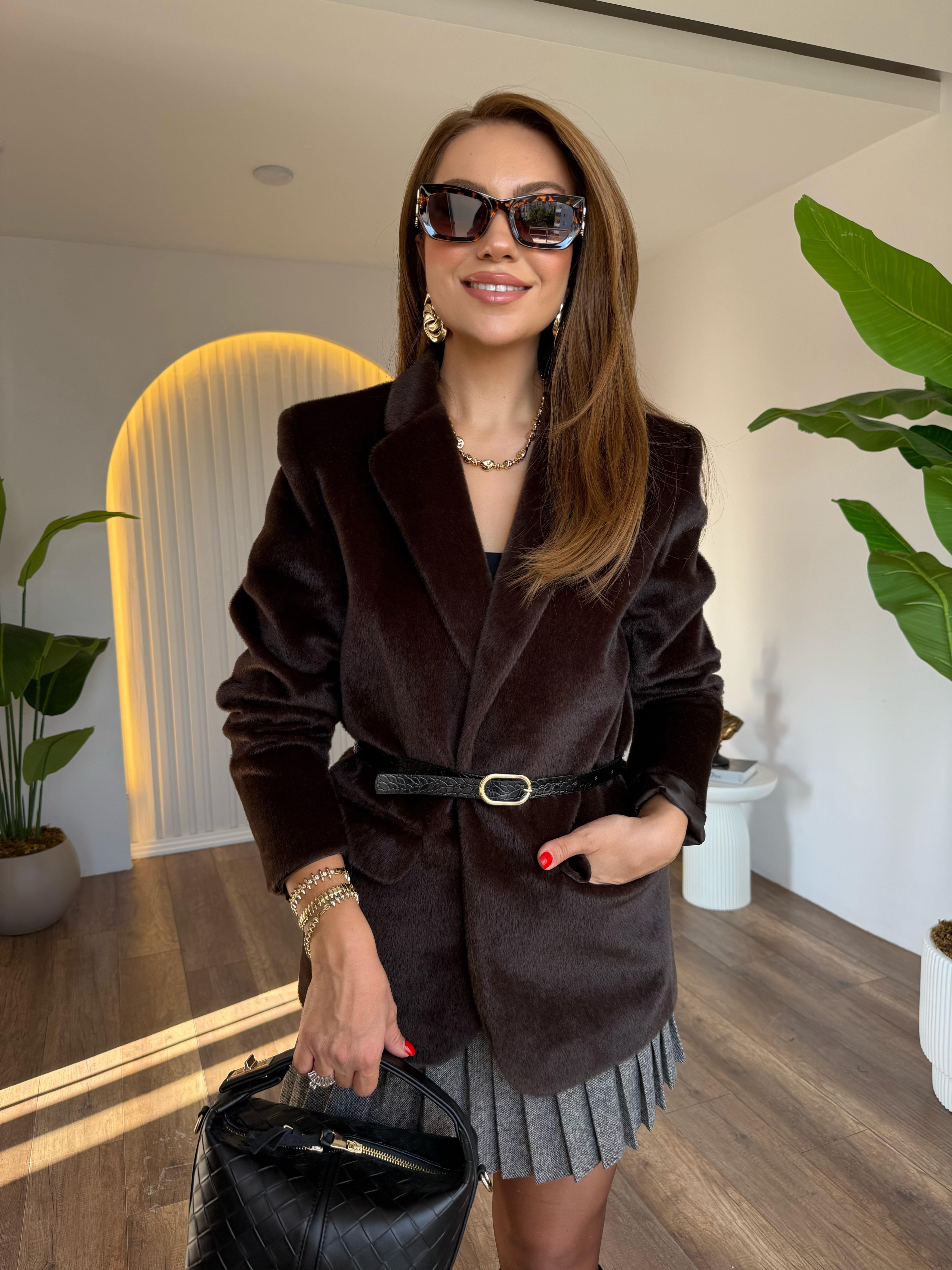 10609 Peluşlu Kemerli Blazer Ceket