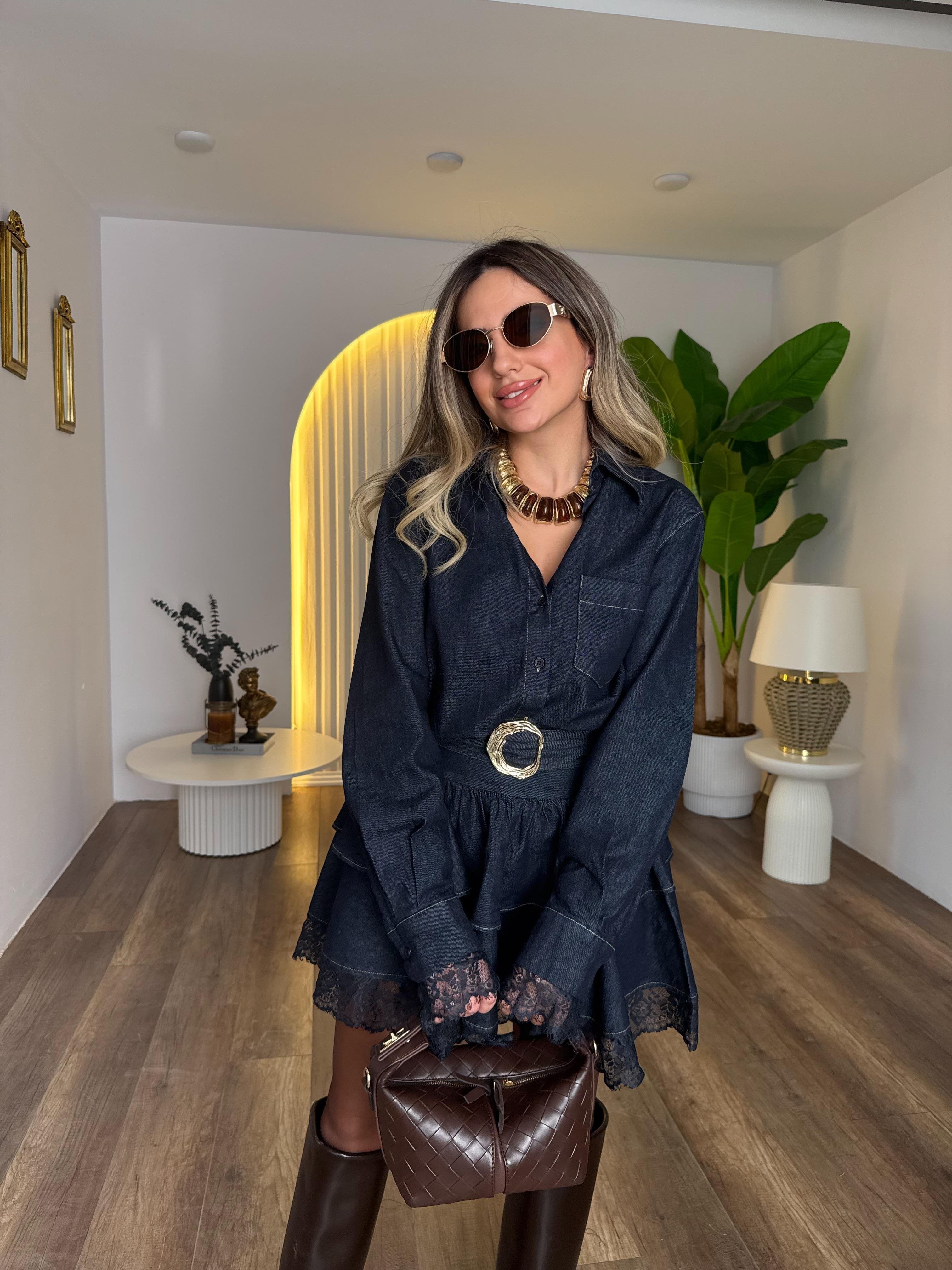 10970 Etek Ucu Ve Kolları Dantelli  Kemerli Denim Elbise