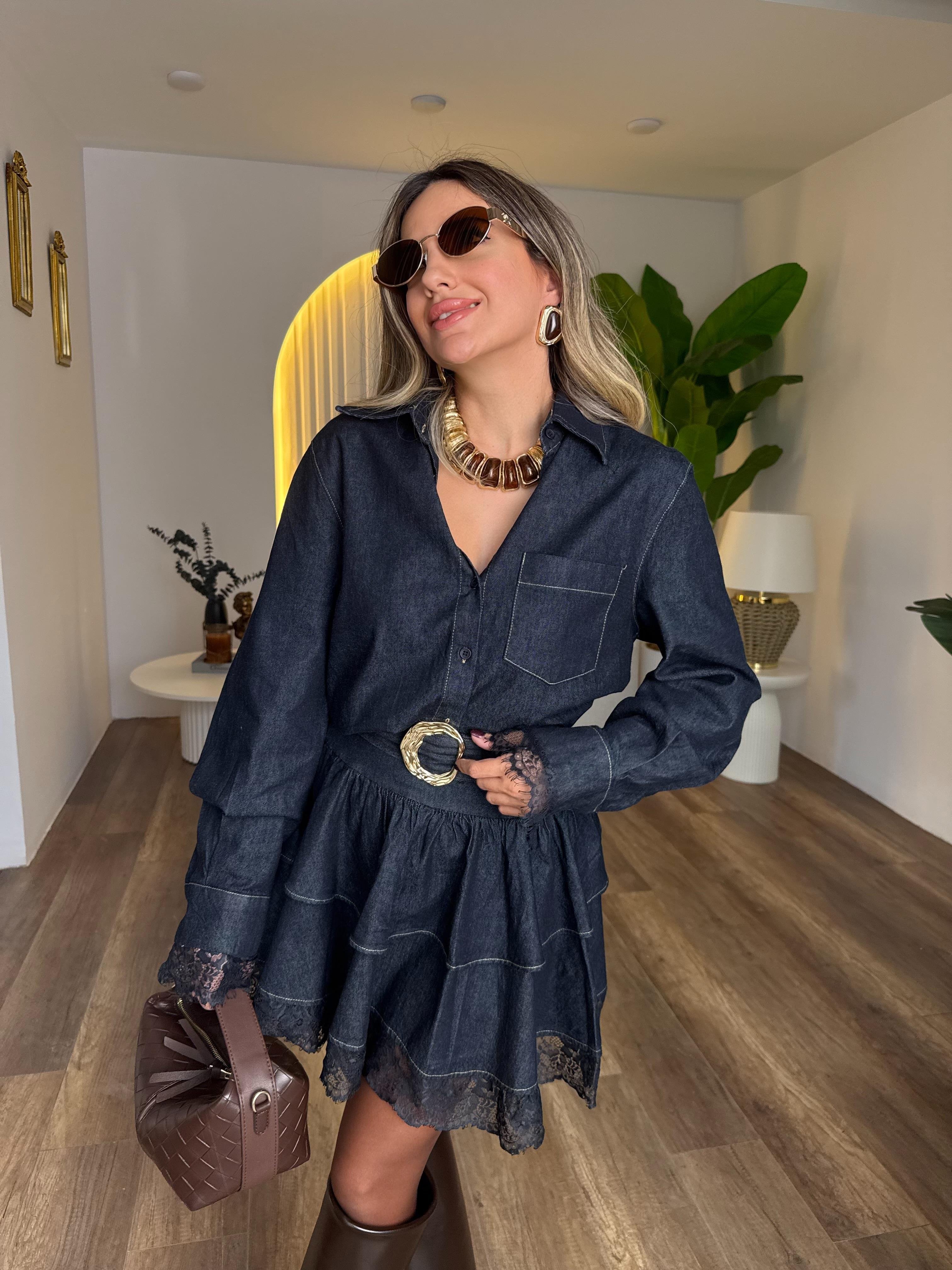 10970 Etek Ucu Ve Kolları Dantelli  Kemerli Denim Elbise