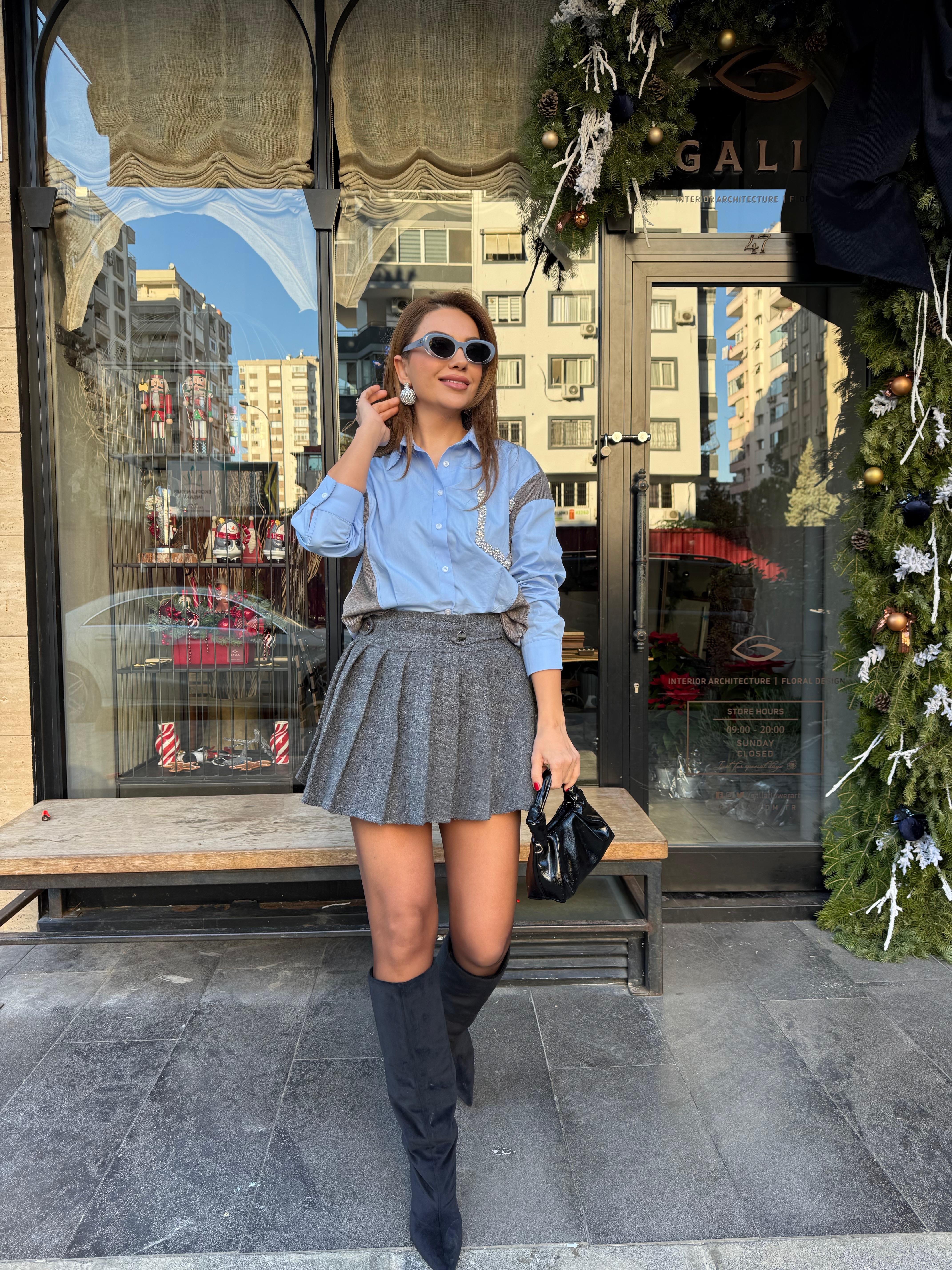 11057 Triko Poplin Taş Detay Gömlek