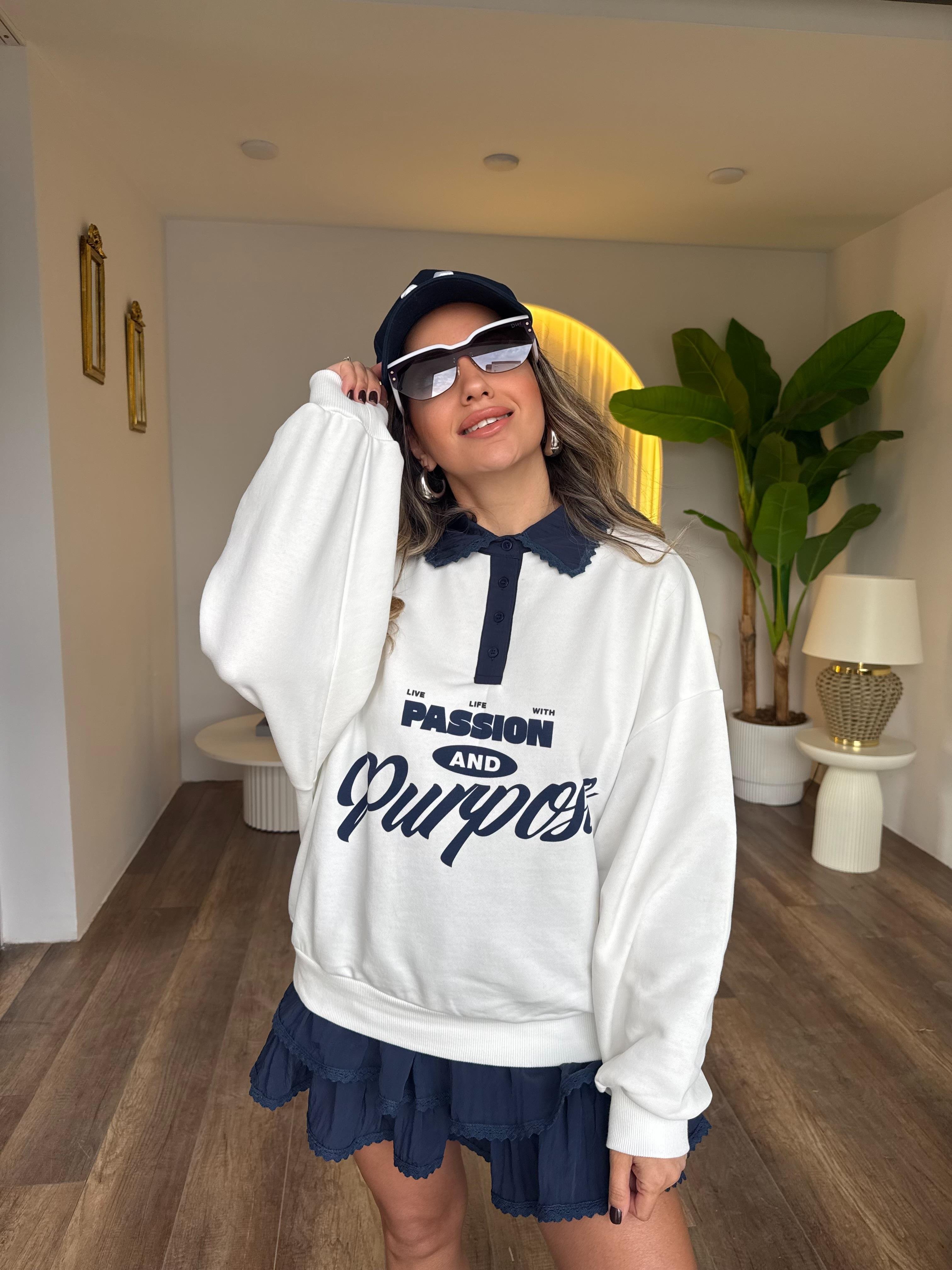 11140 Passion Baskılı Yakalı Sweatshirt
