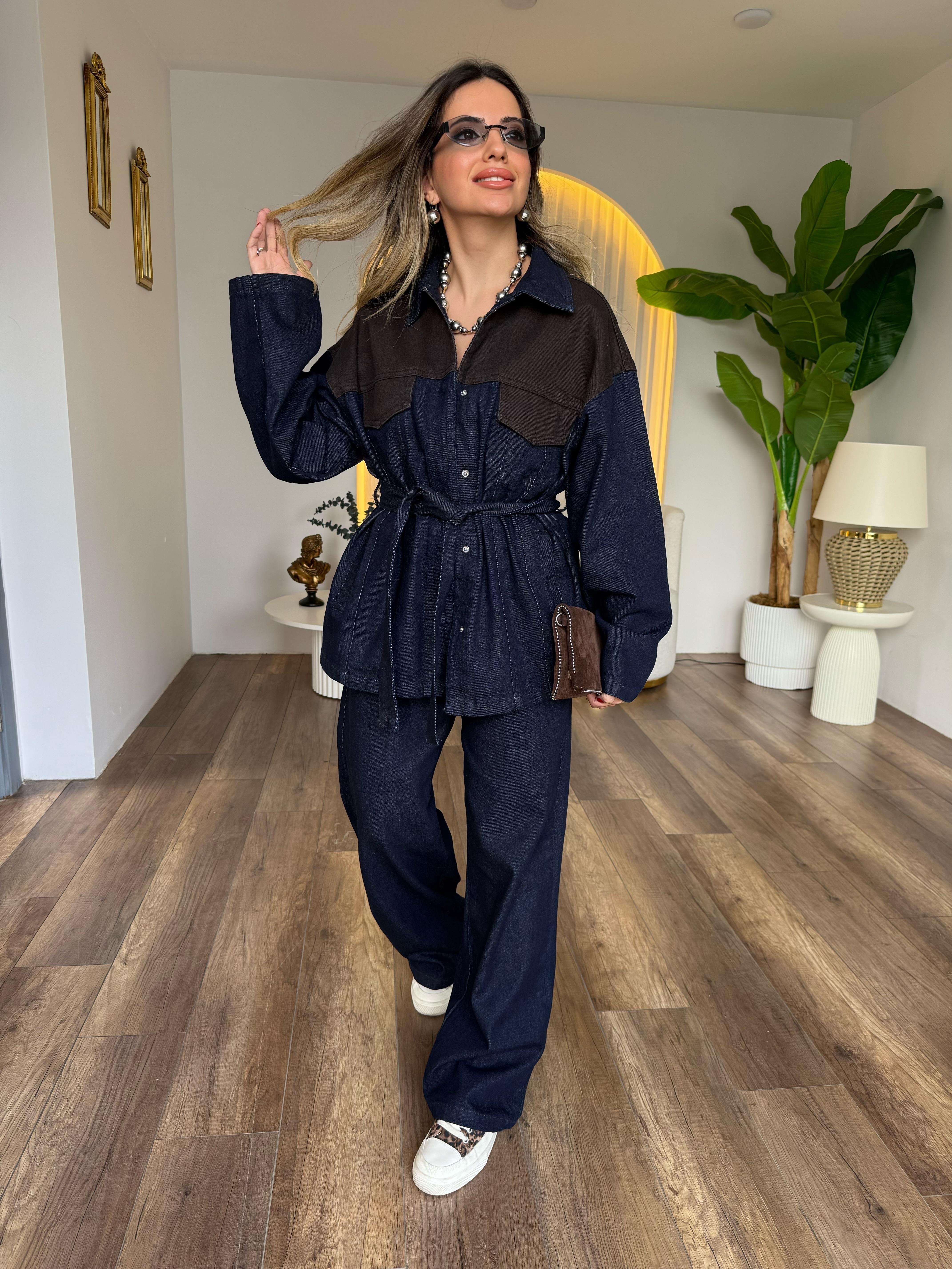 11164 Denim Detaylı Ceket Pantolon Takım
