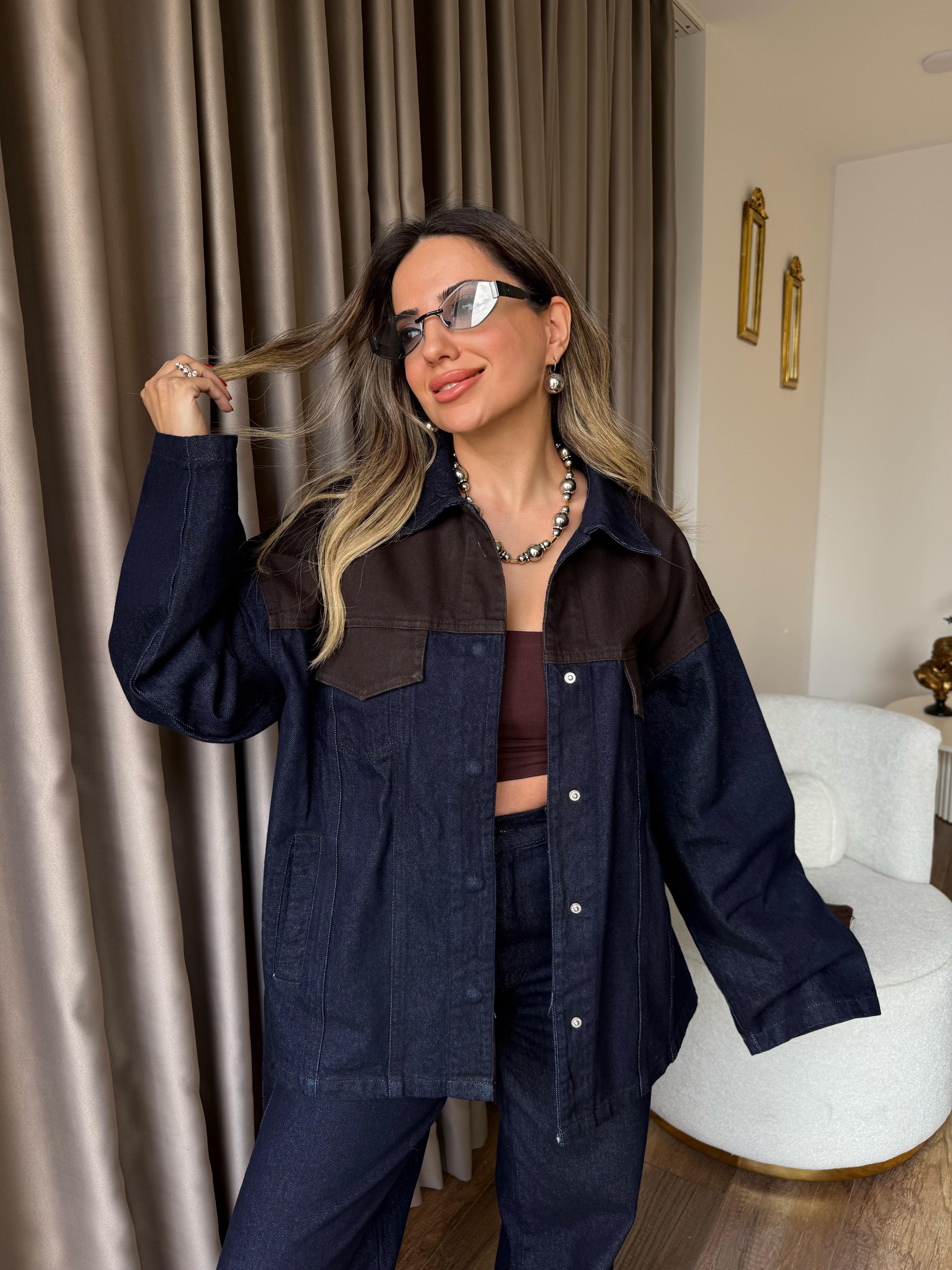 11164 Denim Detaylı Ceket Pantolon Takım