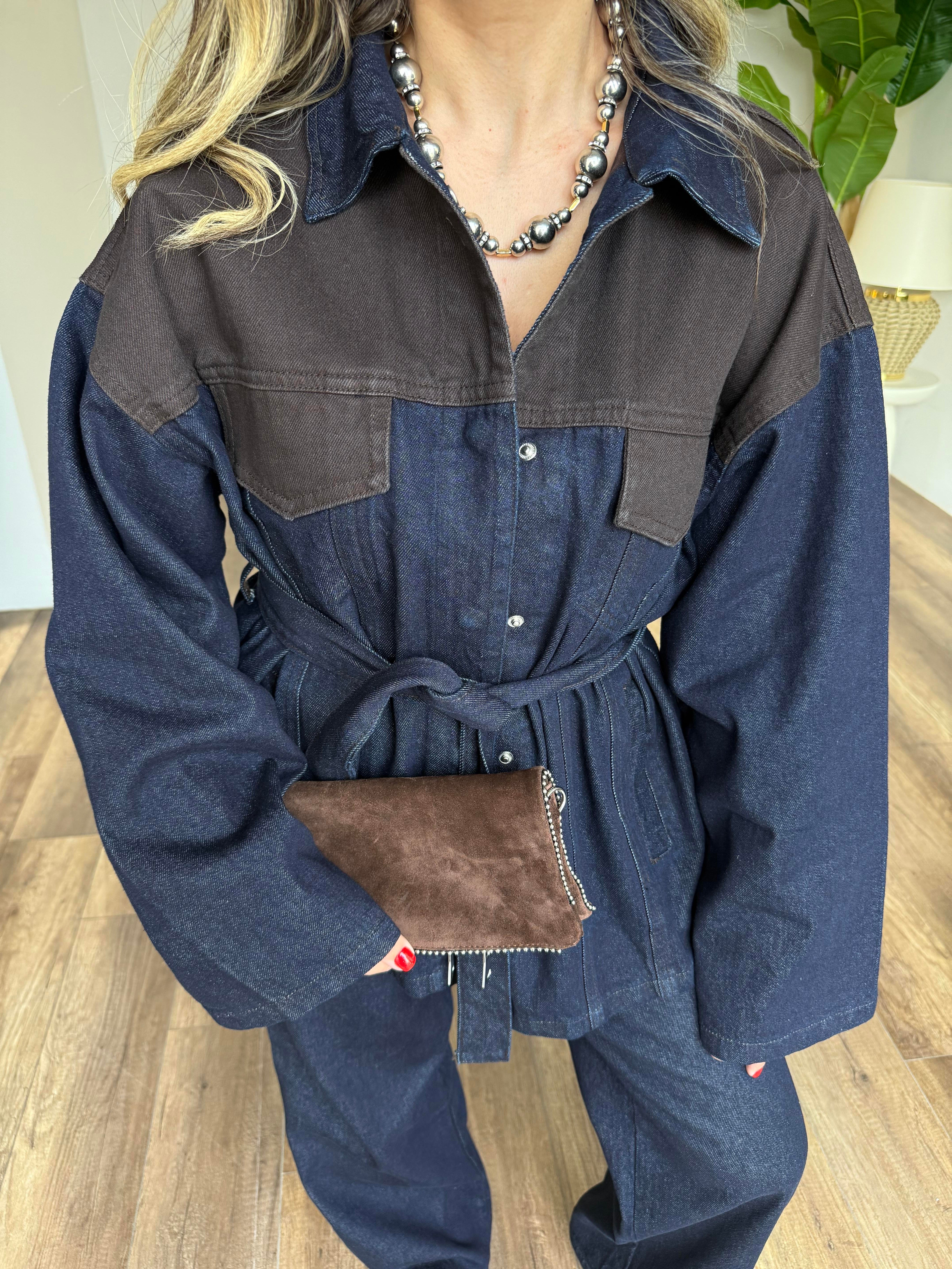 11164 Denim Detaylı Ceket Pantolon Takım