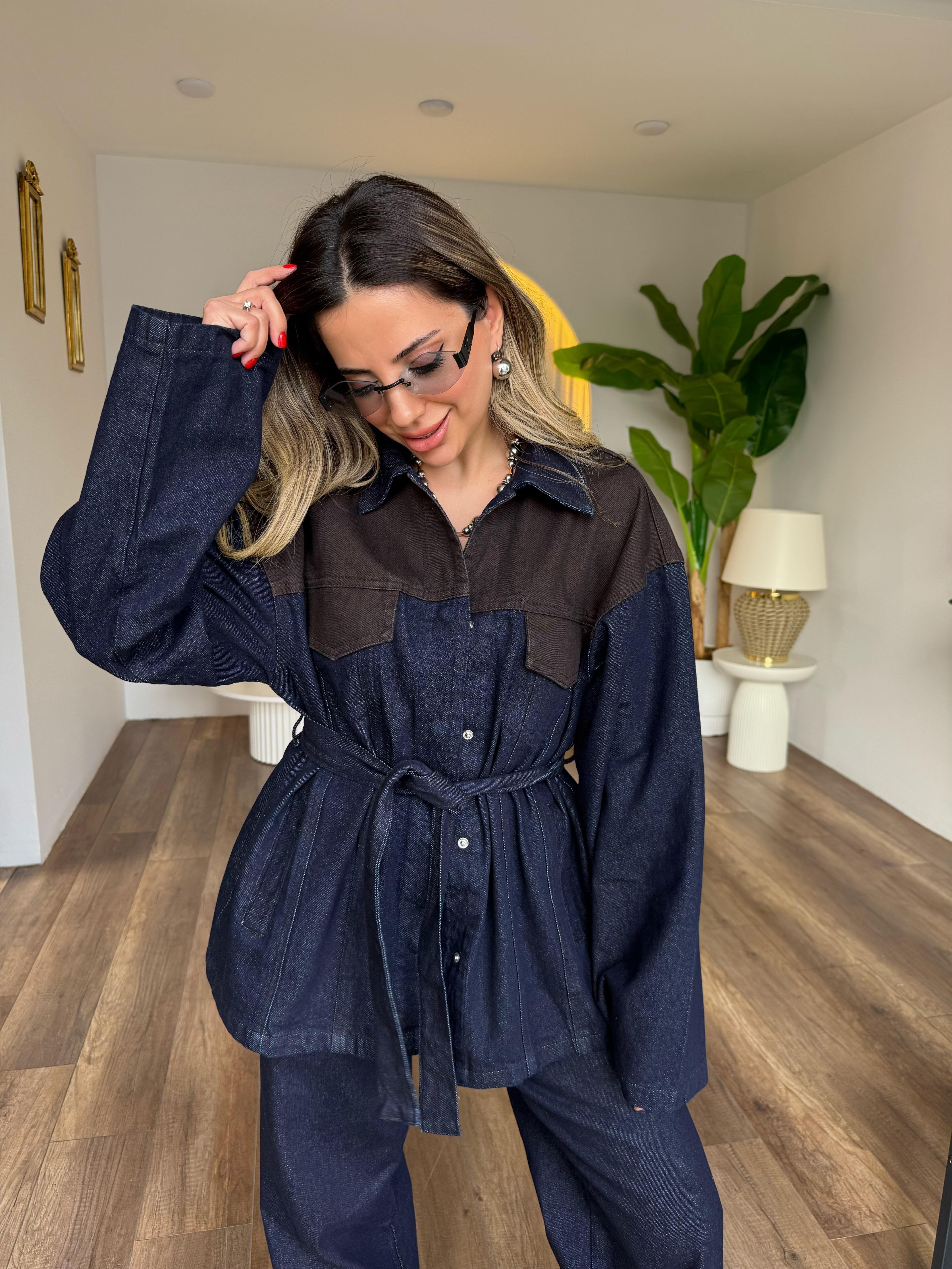 11164 Denim Detaylı Ceket Pantolon Takım