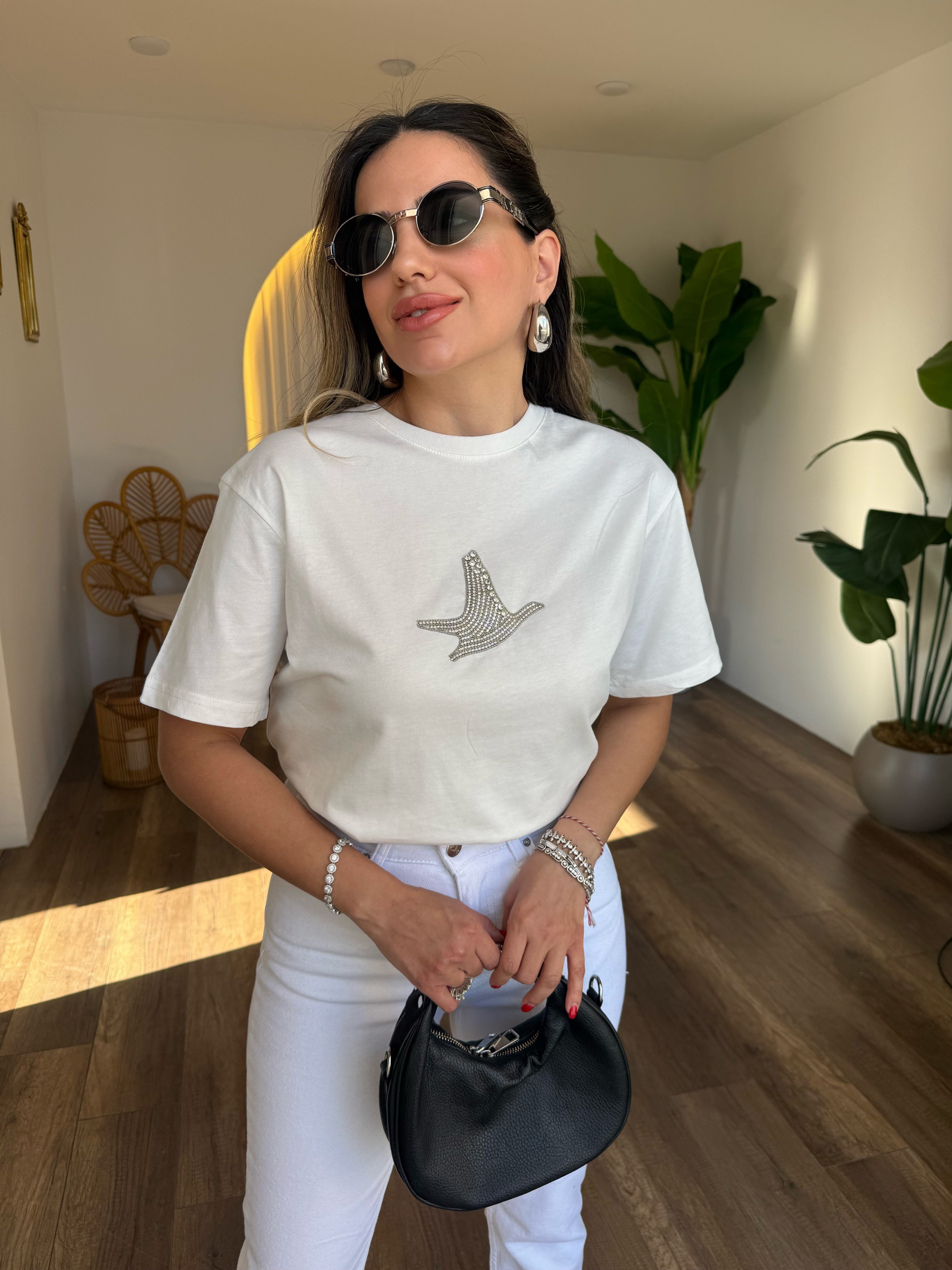 11285 Kuş Gümüş Taşlı Tshirt