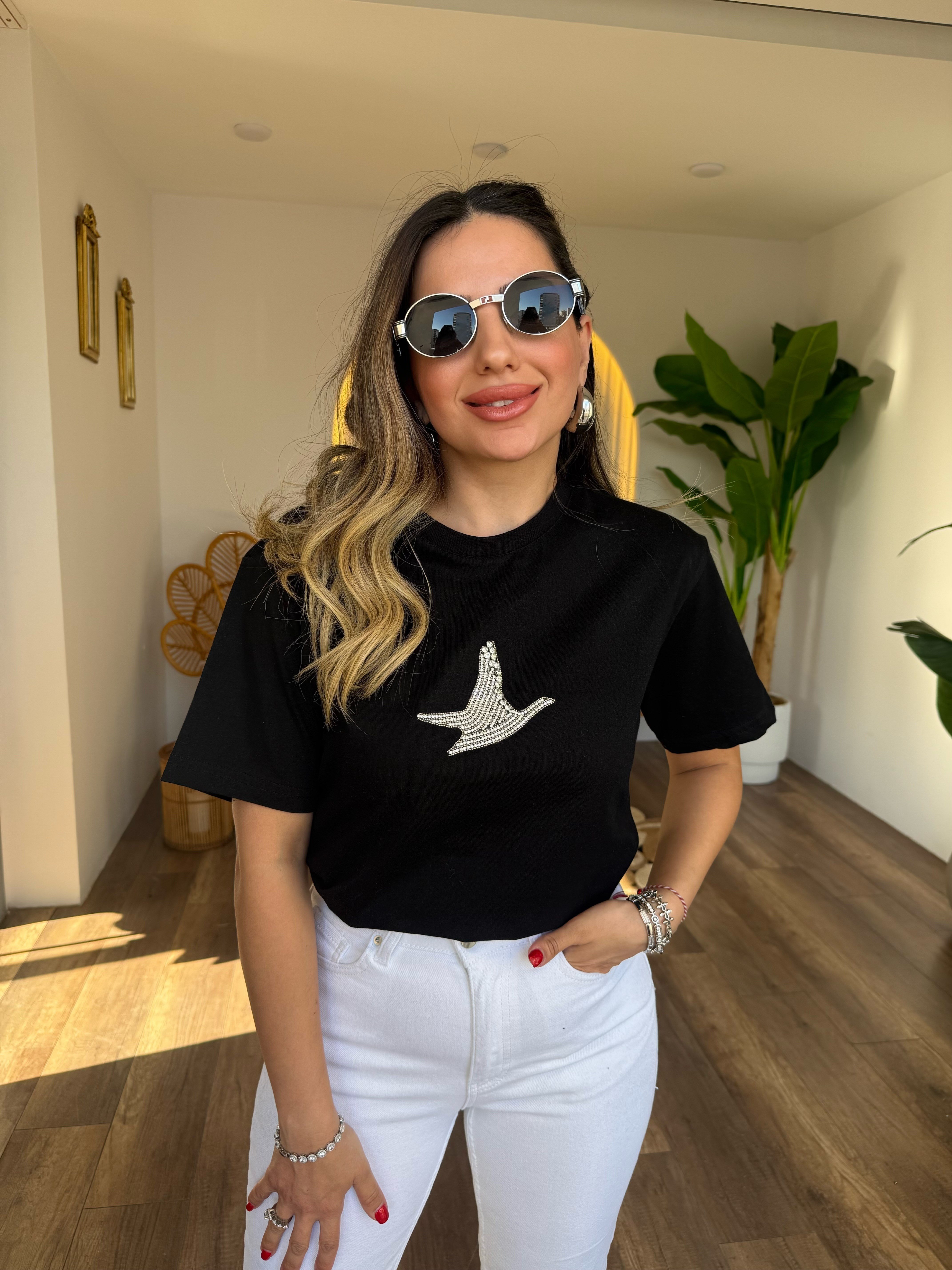 11285 Kuş Gümüş Taşlı Tshirt