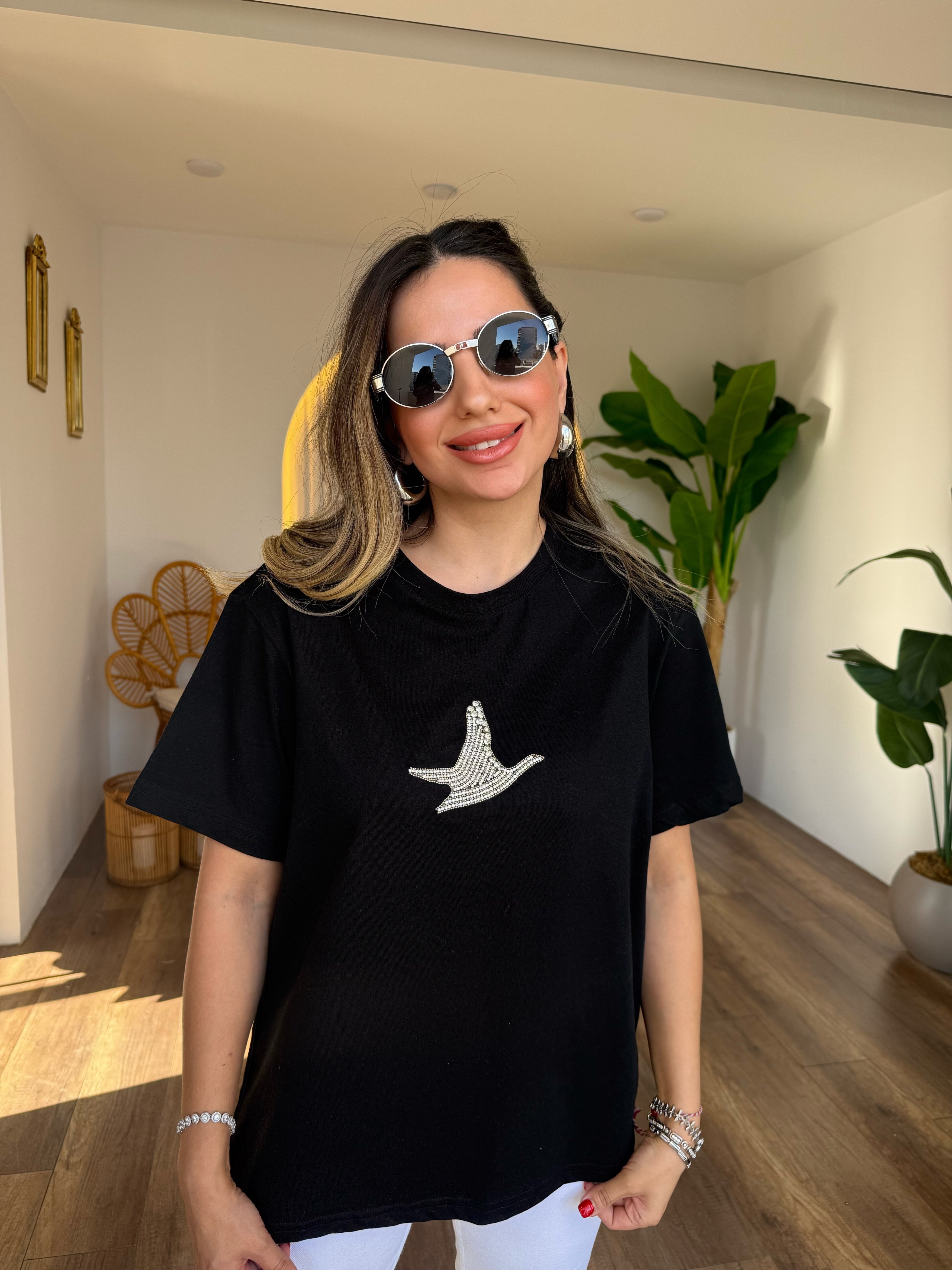 11285 Kuş Gümüş Taşlı Tshirt