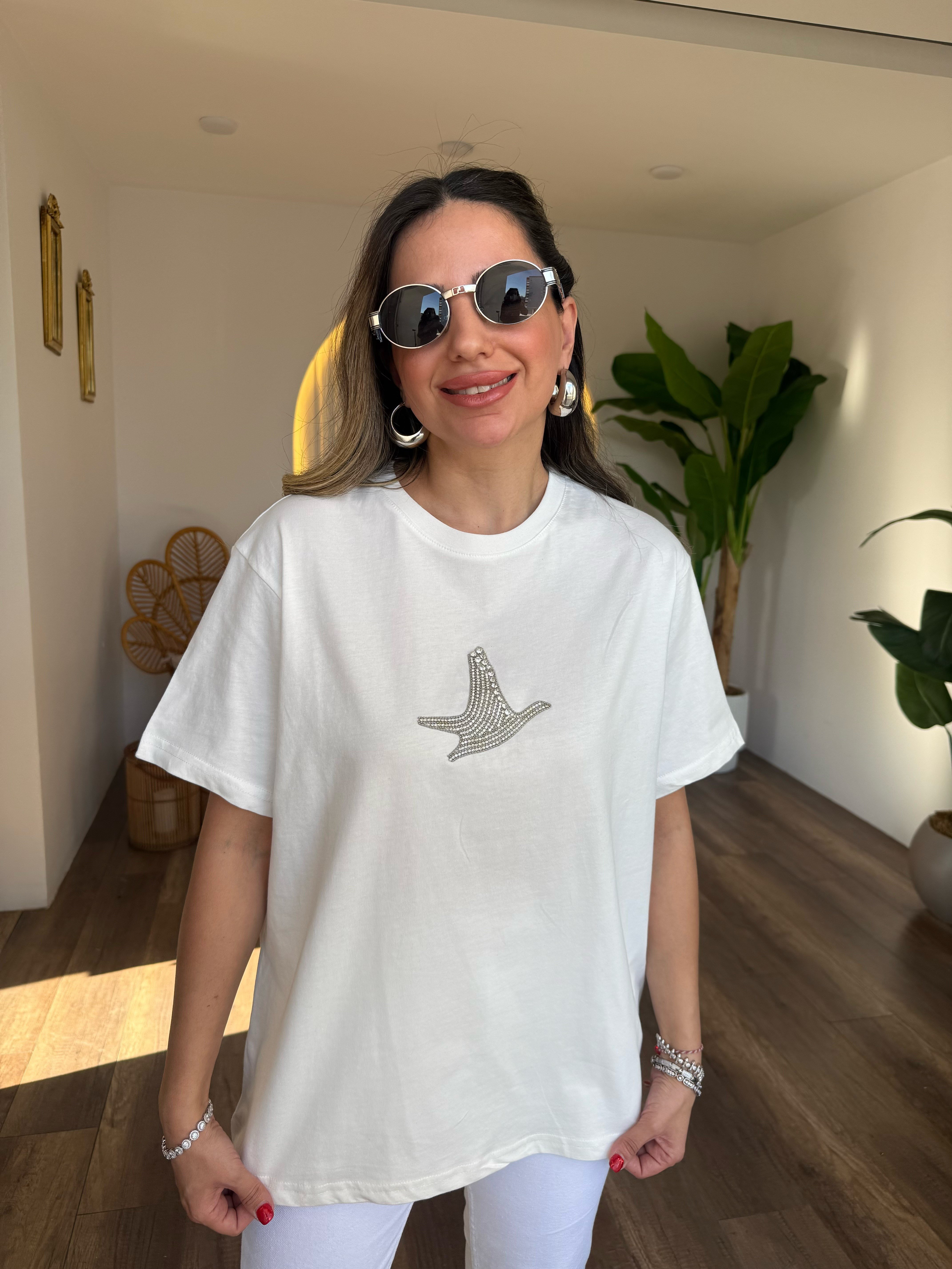 11285 Kuş Gümüş Taşlı Tshirt