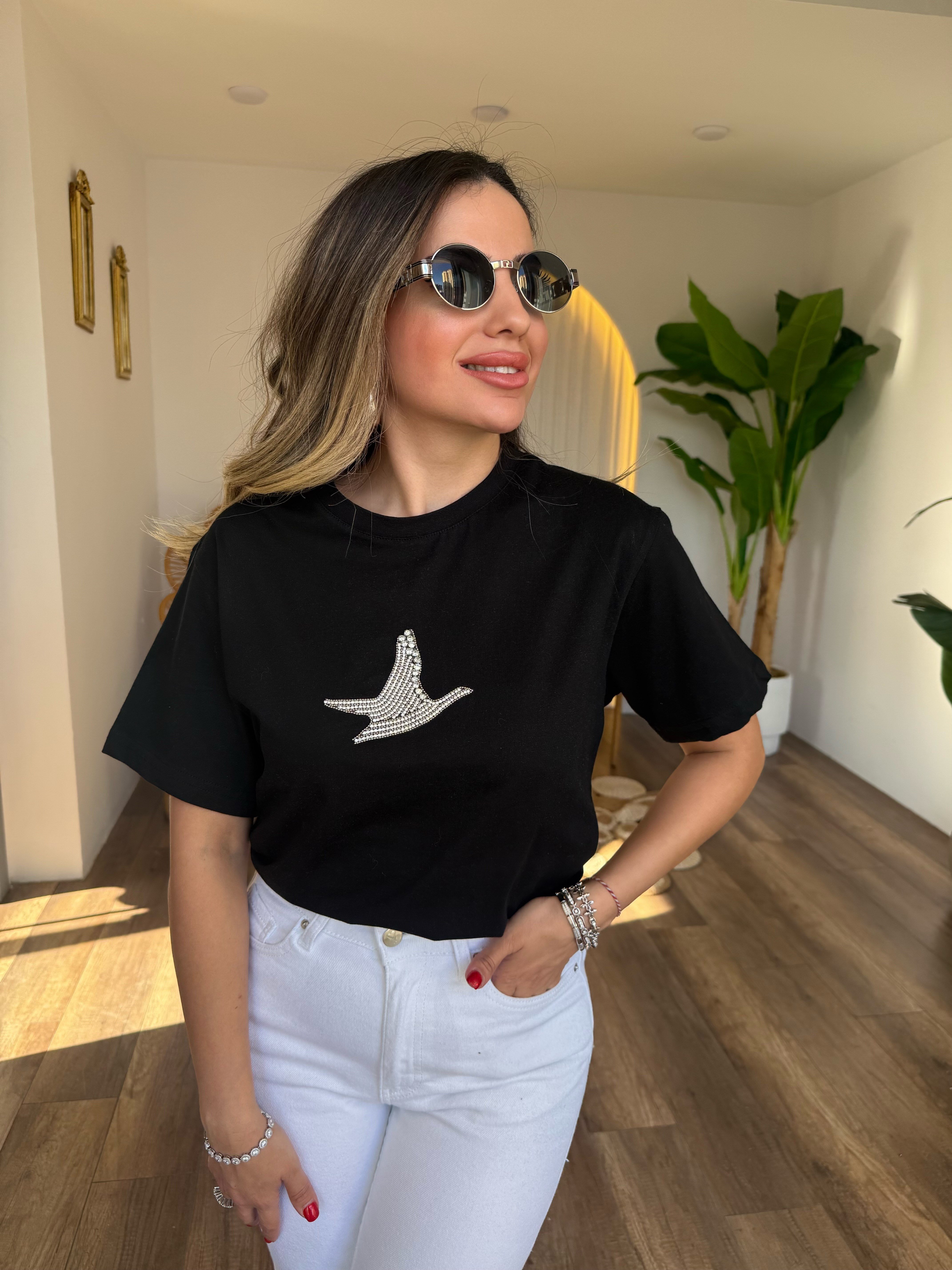 11285 Kuş Gümüş Taşlı Tshirt
