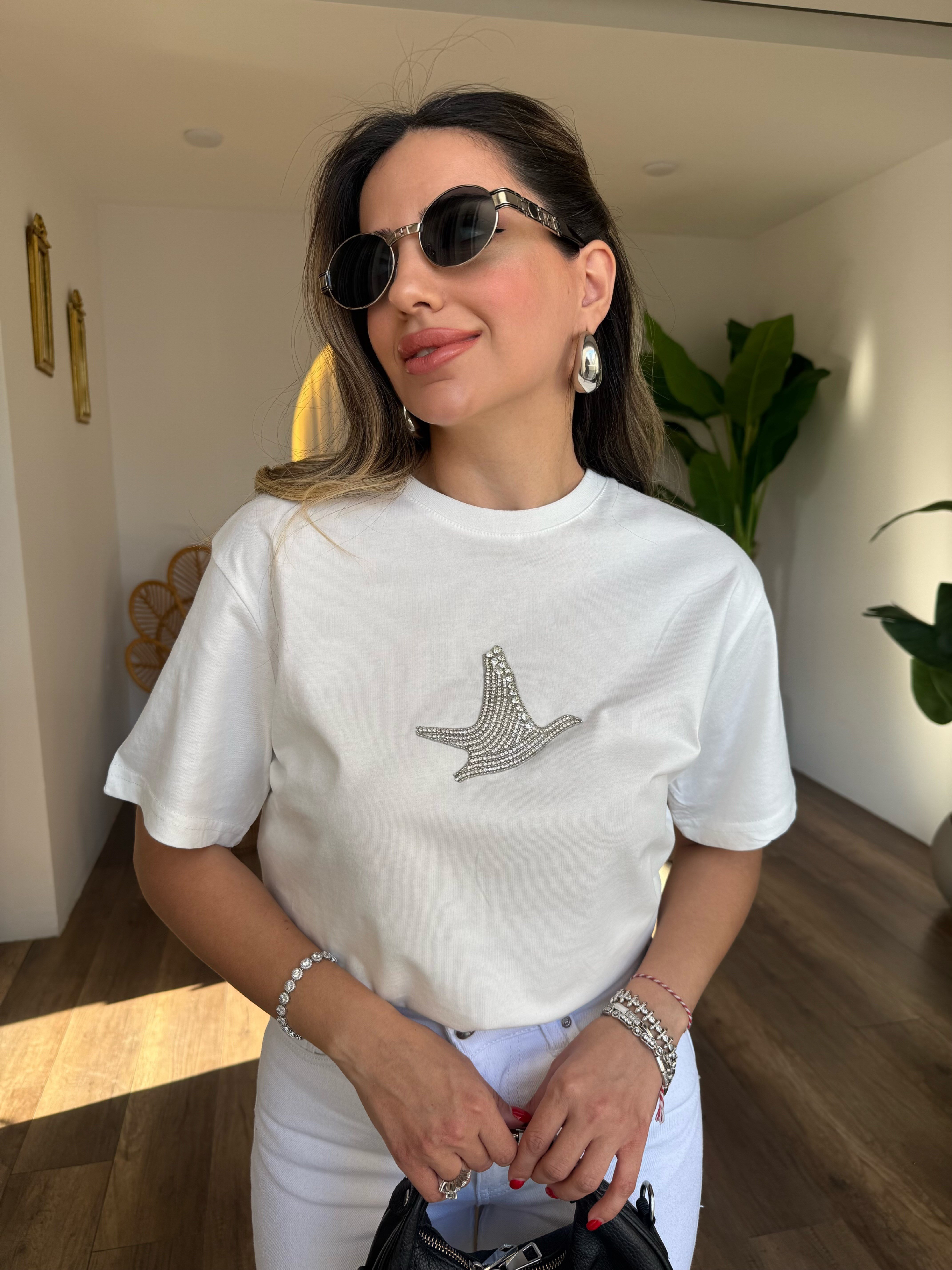11285 Kuş Gümüş Taşlı Tshirt