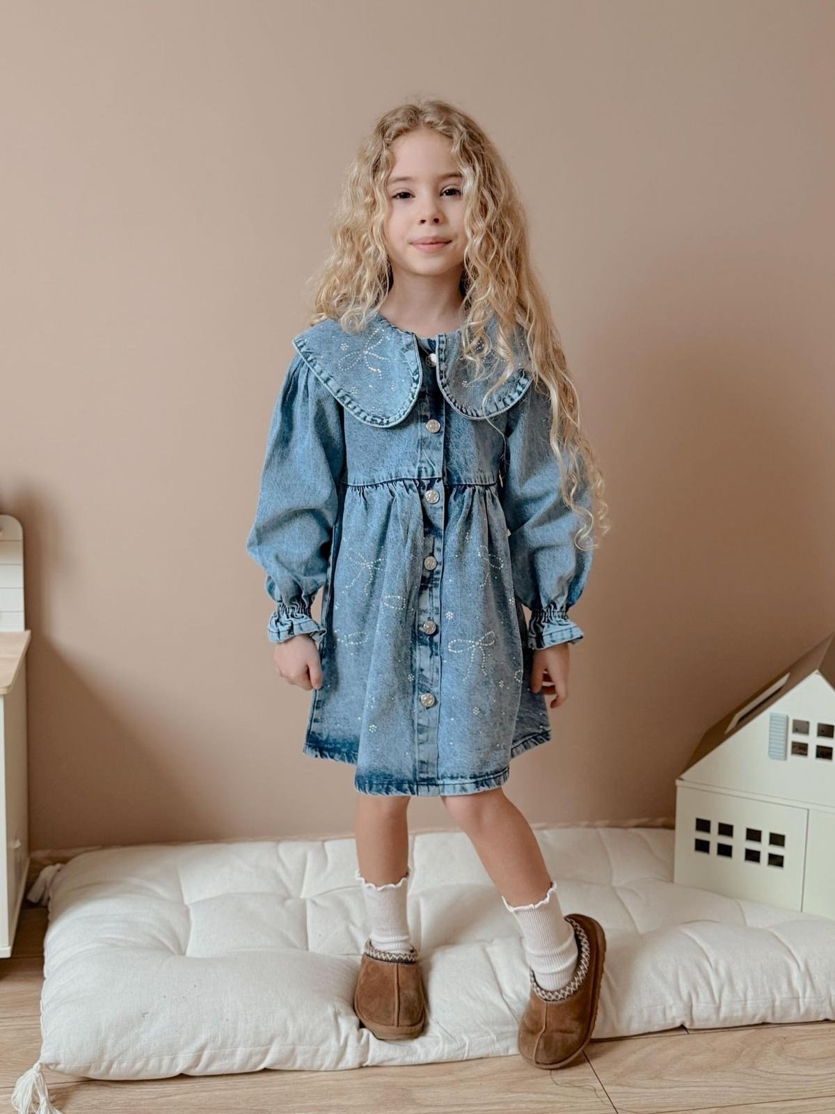 11414 Kids Taşlı Denim Elbise 4-5/11-12 Yaş