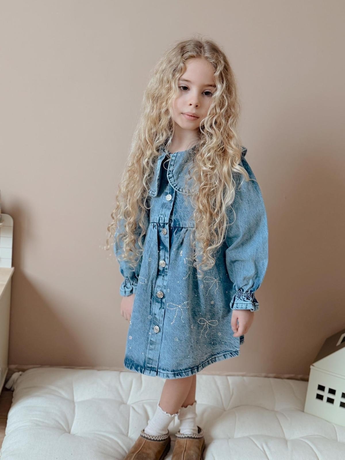 11414 Kids Taşlı Denim Elbise 4-5/11-12 Yaş