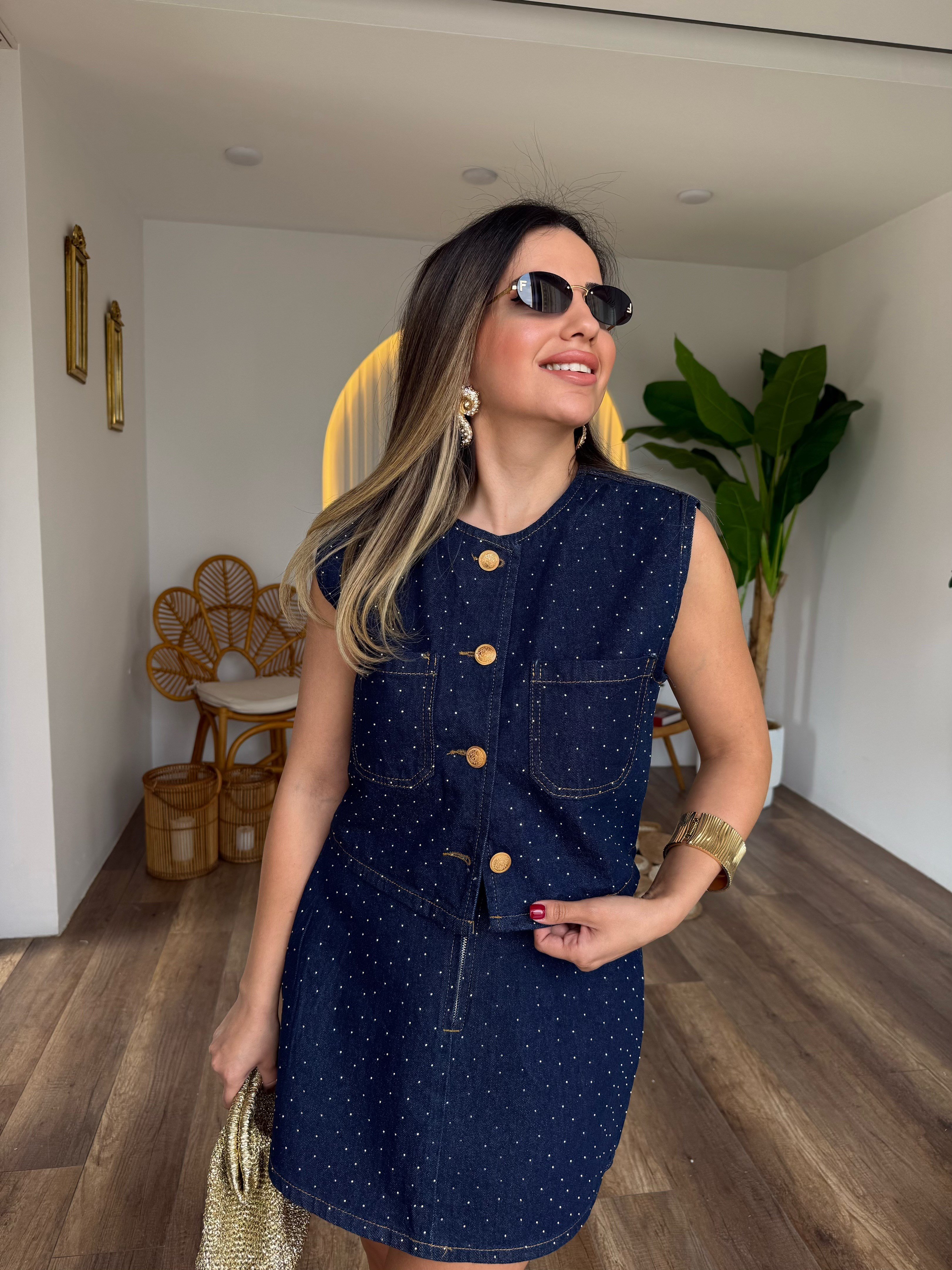 11524 Denim Yelek Etek Takım
