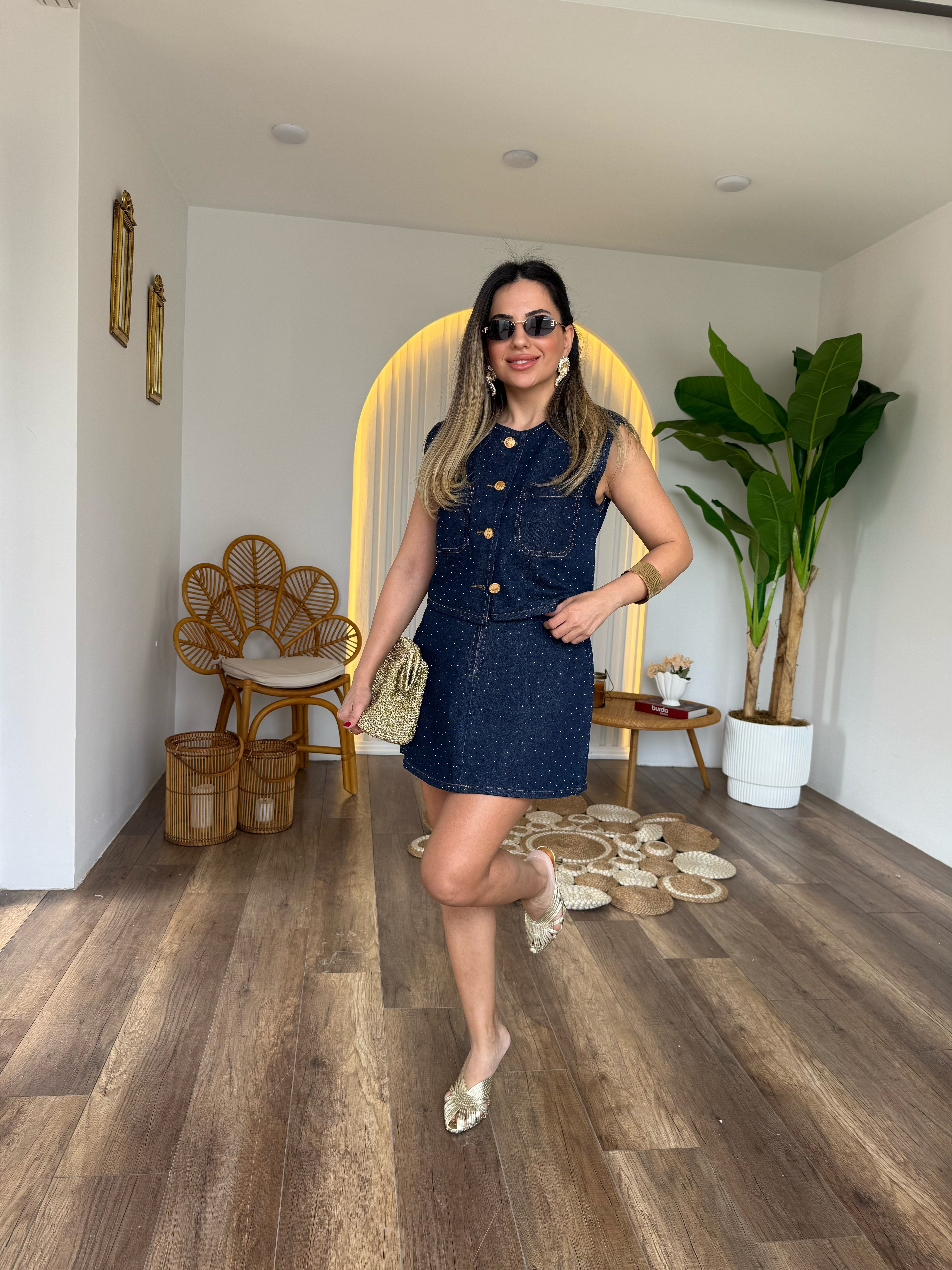 11524 Denim Yelek Etek Takım