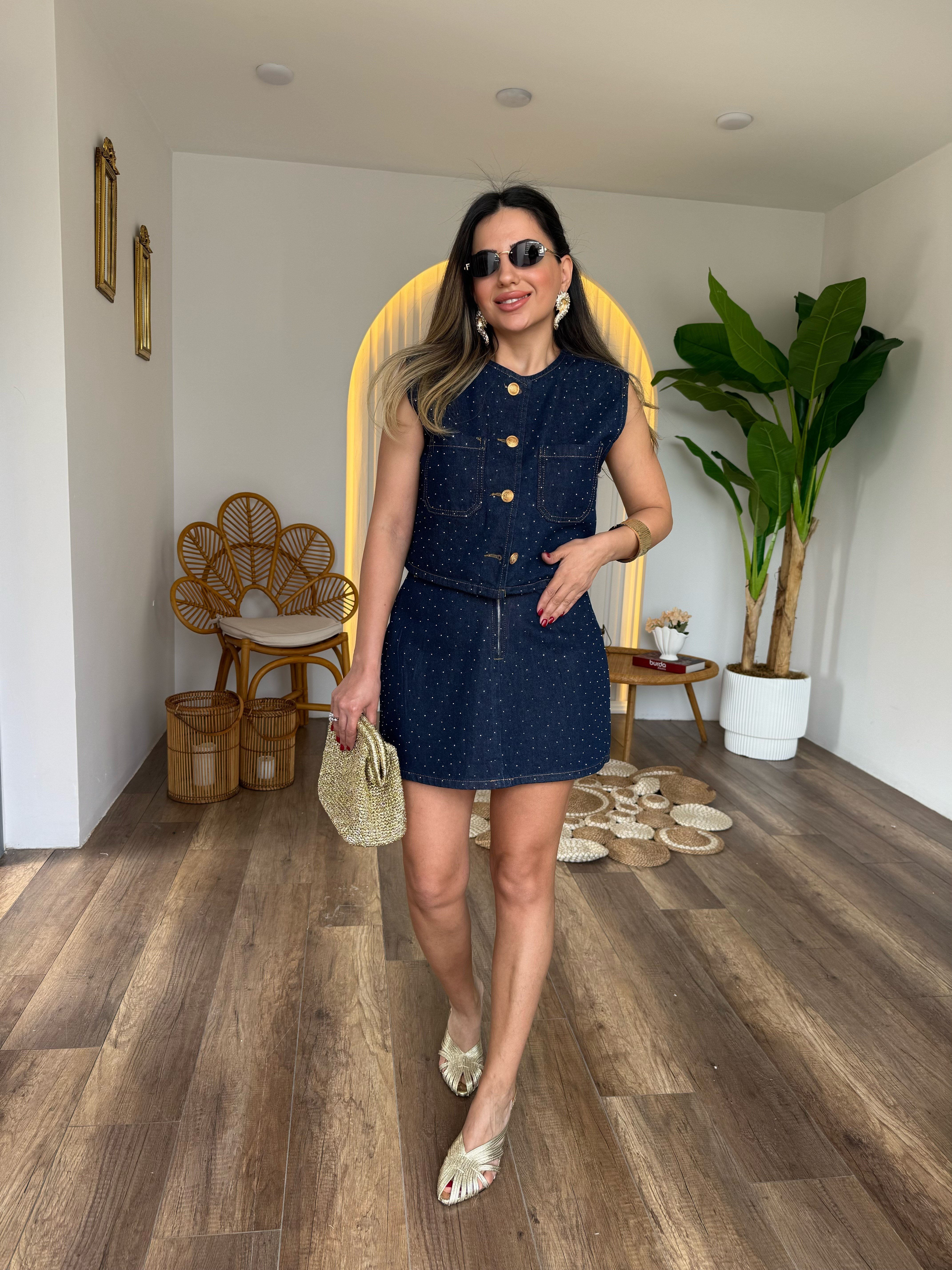 11524 Denim Yelek Etek Takım