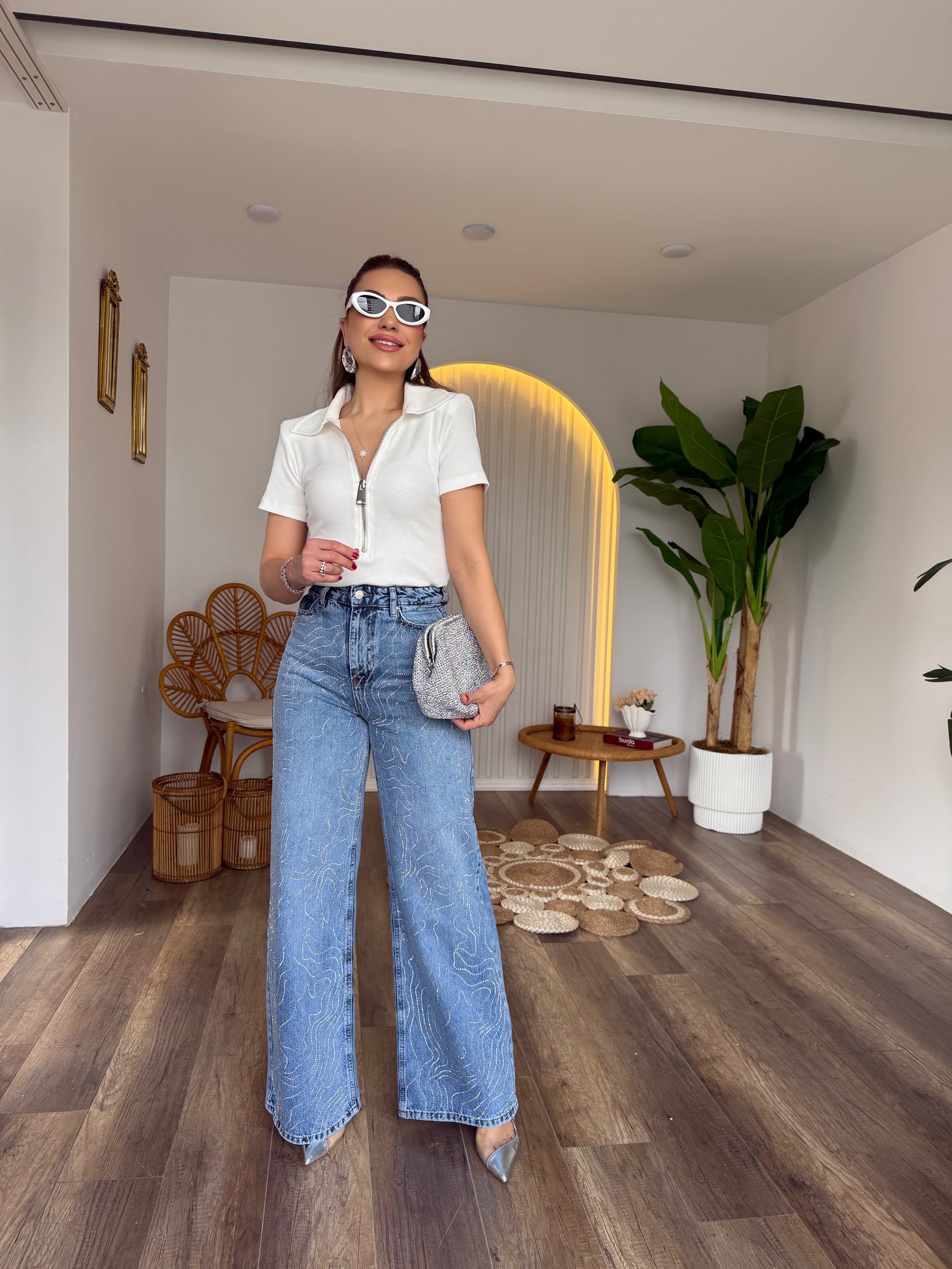 11538 Taş Detaylı Wide Leg Jean