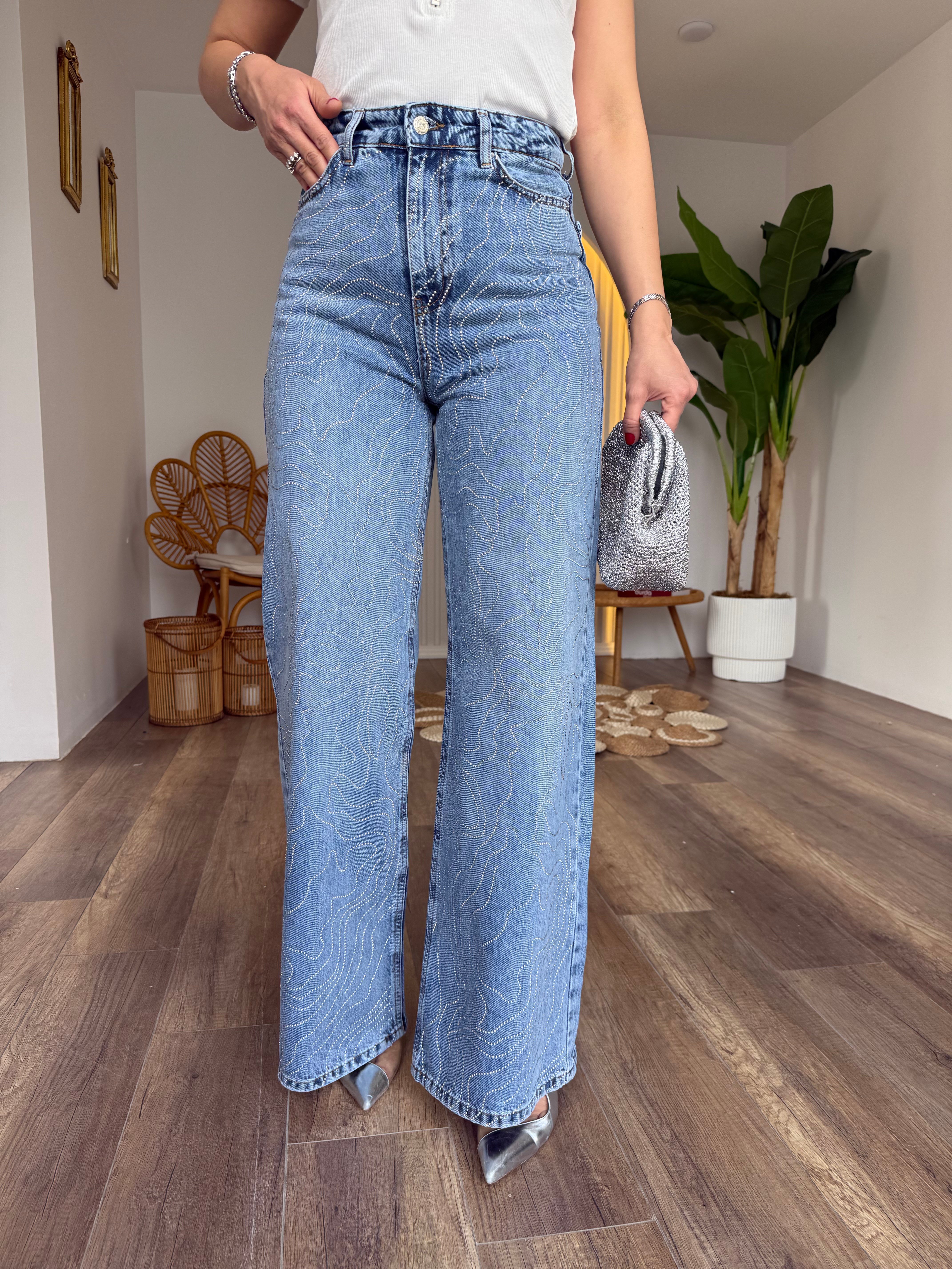 11538 Taş Detaylı Wide Leg Jean