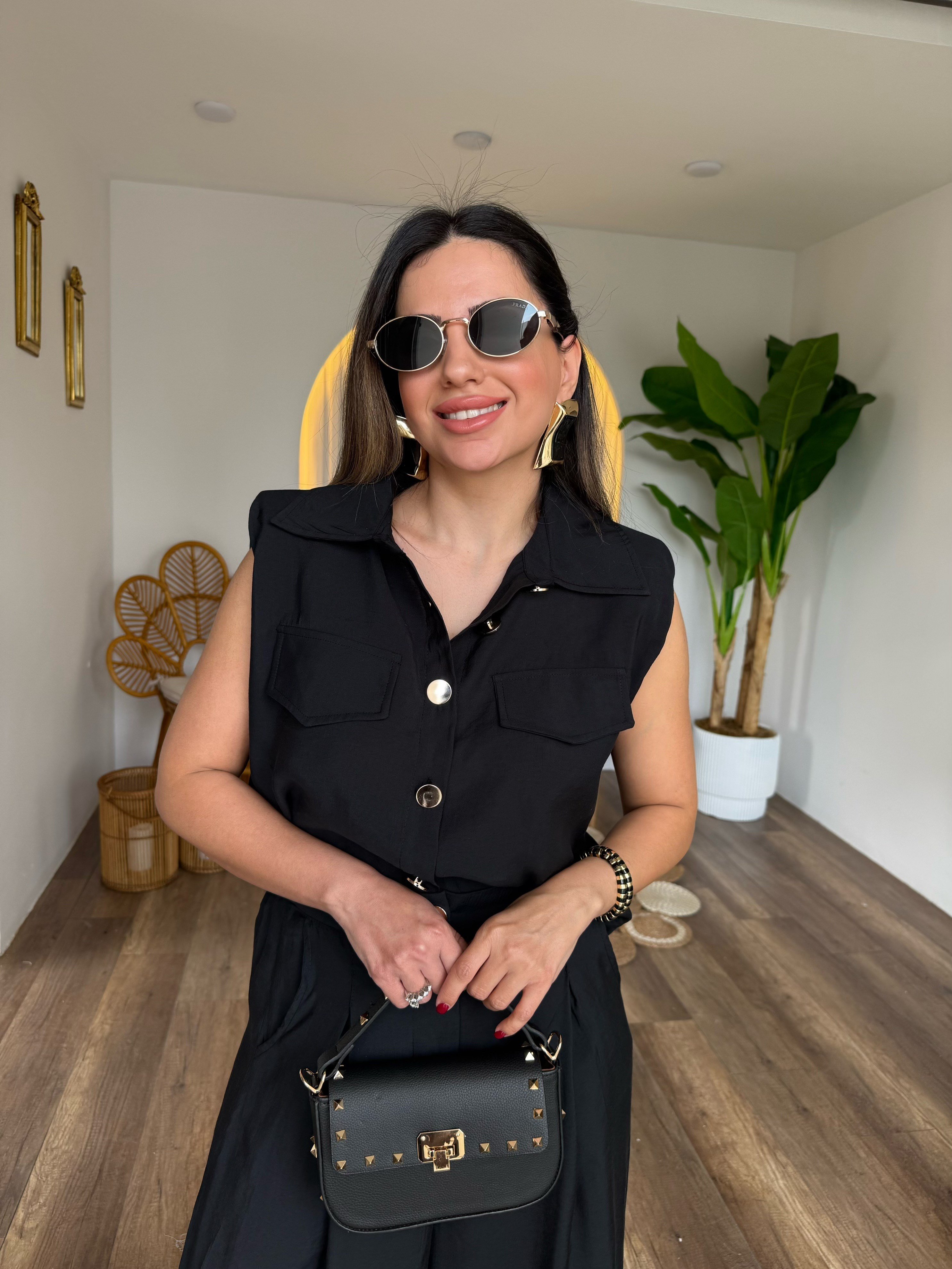 11578 Omuzları Vatkalı Gold Düğme Detaylı Pantolon Bluz Takım