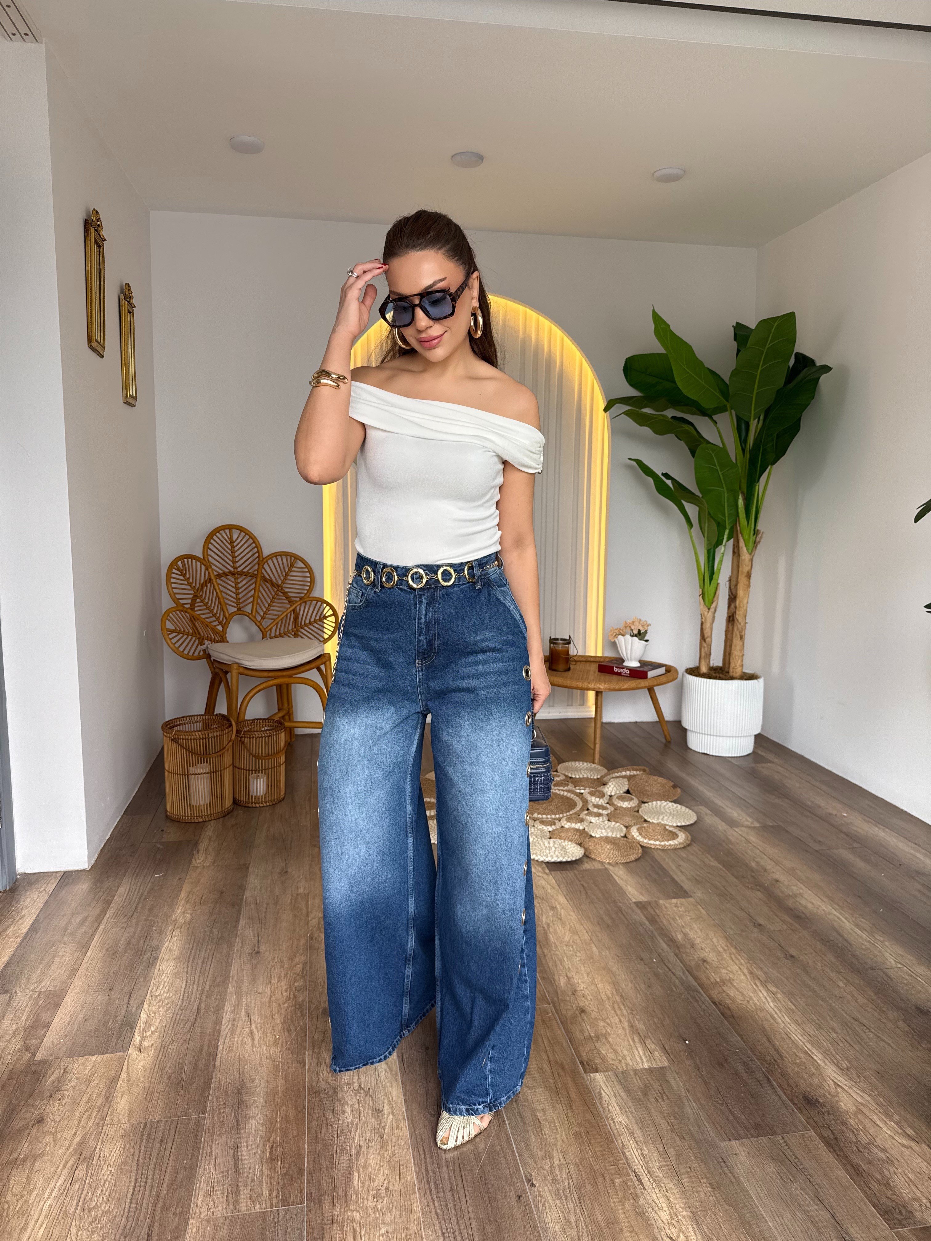 11585 Bardot Yaka Metal Triko Bluz