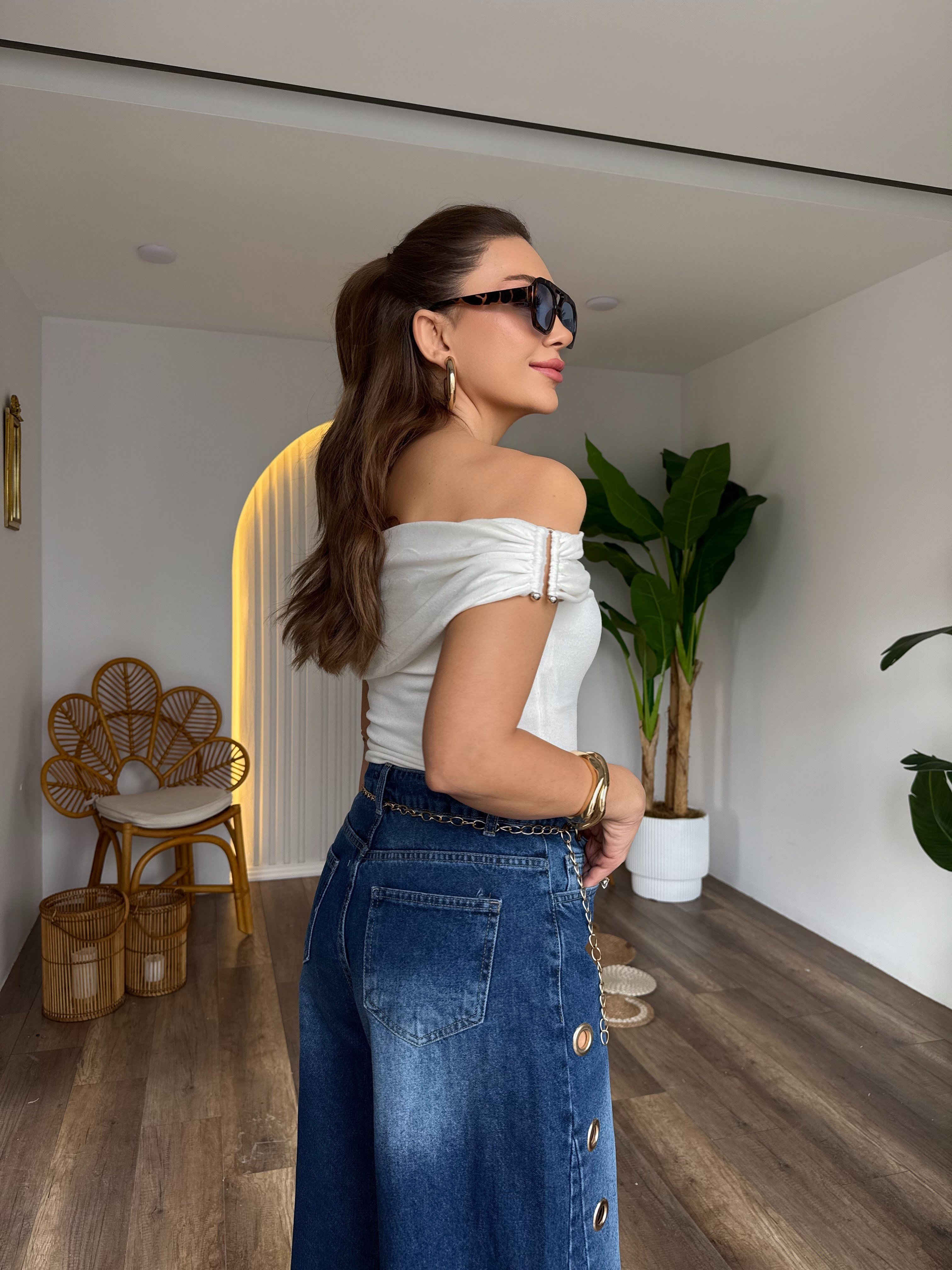 11585 Bardot Yaka Metal Triko Bluz