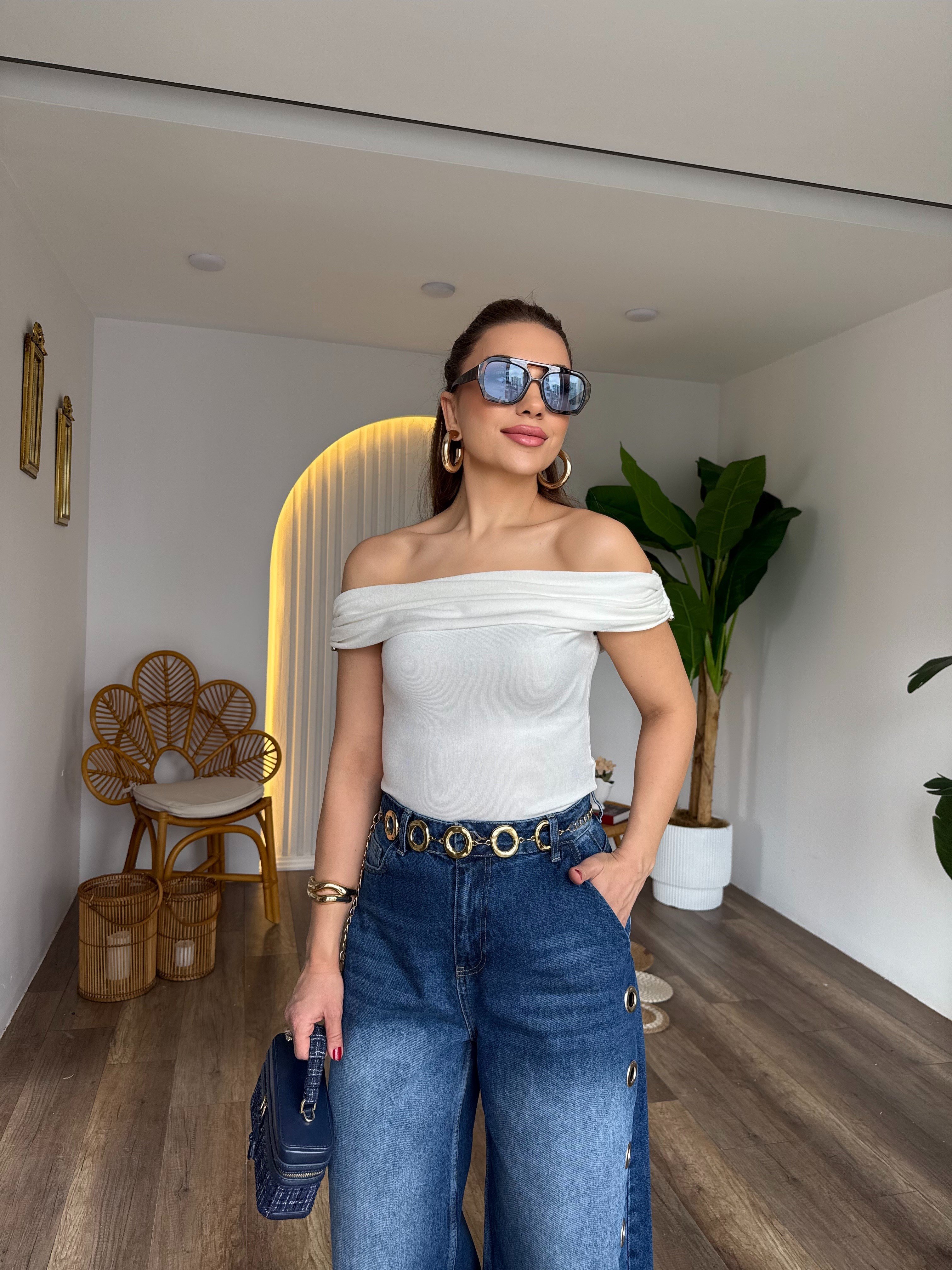 11585 Bardot Yaka Metal Triko Bluz