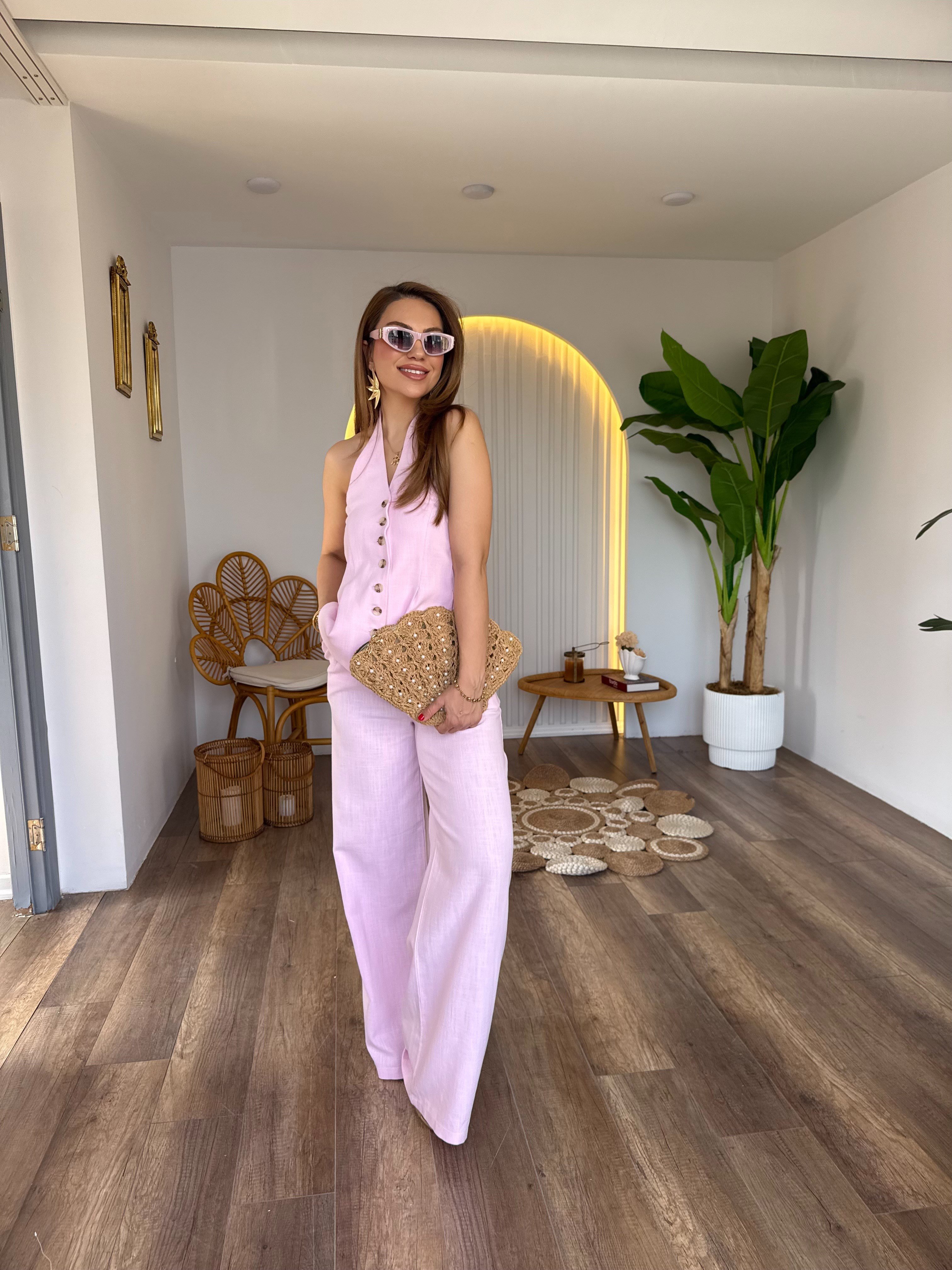11717 Keten Önden Düğme Detaylı Pantolon Bluz Takım